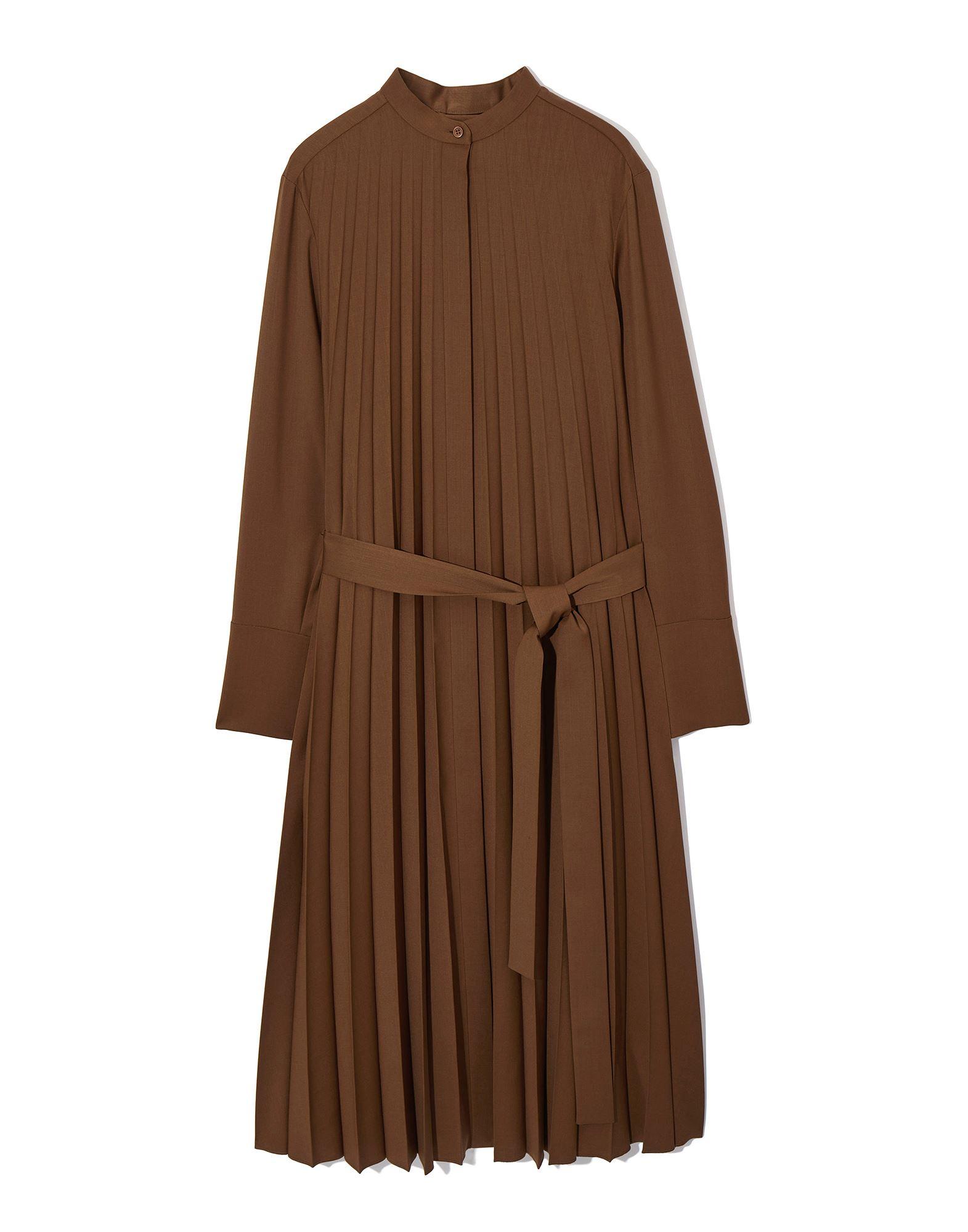 COS Pleated Wool-blend Shirt Dress in Brown | Lyst