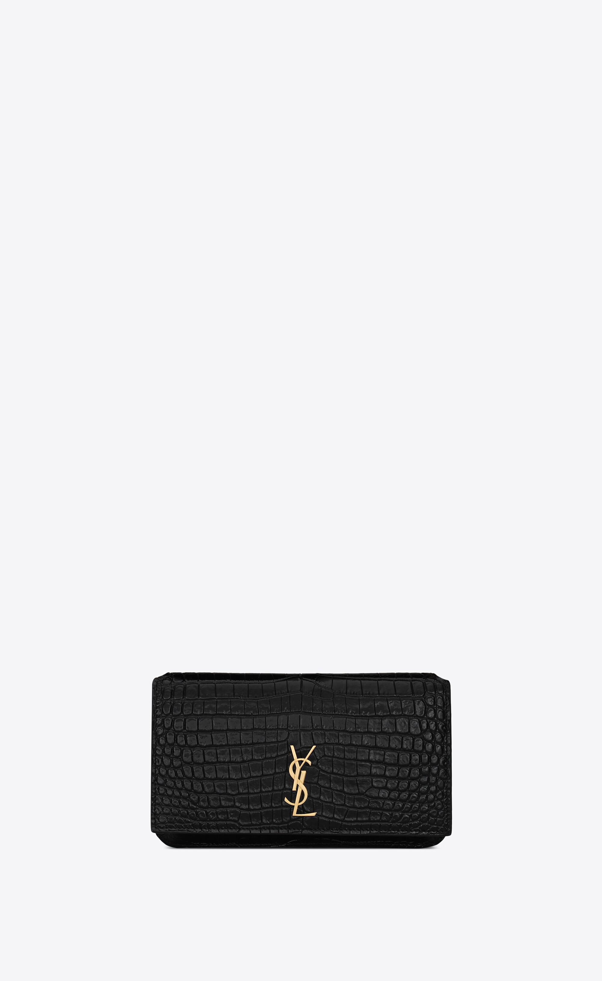 Saint Laurent Cassandre Phone Holder With Strap In Shiny Crocodile