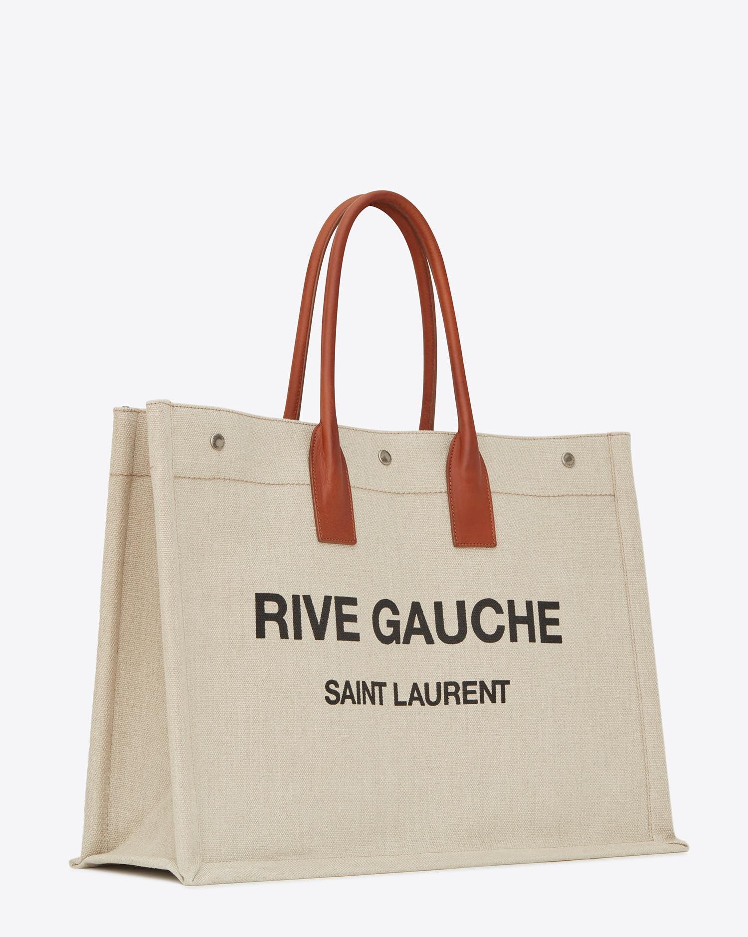 Saint Laurent Rive Gauche Tote Bag In Beige Linen And Cognac 