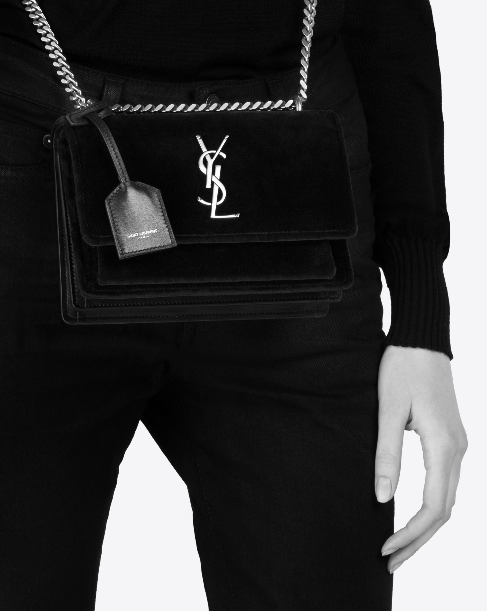 Saint Laurent Small Sunset Velvet Shoulder Bag in Black