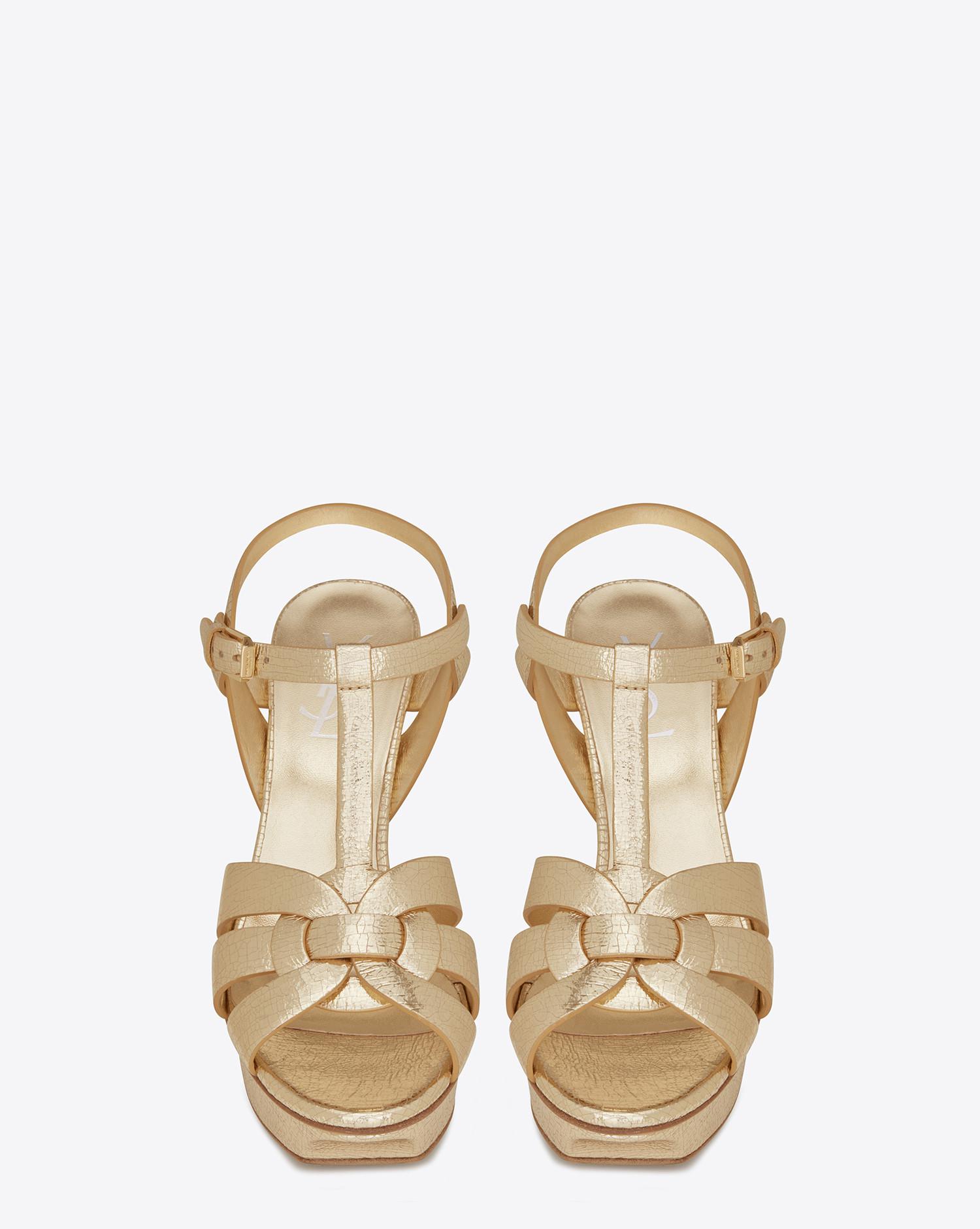 Saint Laurent Tribute 75 Sandal In Pale Gold Cracked Metallic Leather | Lyst