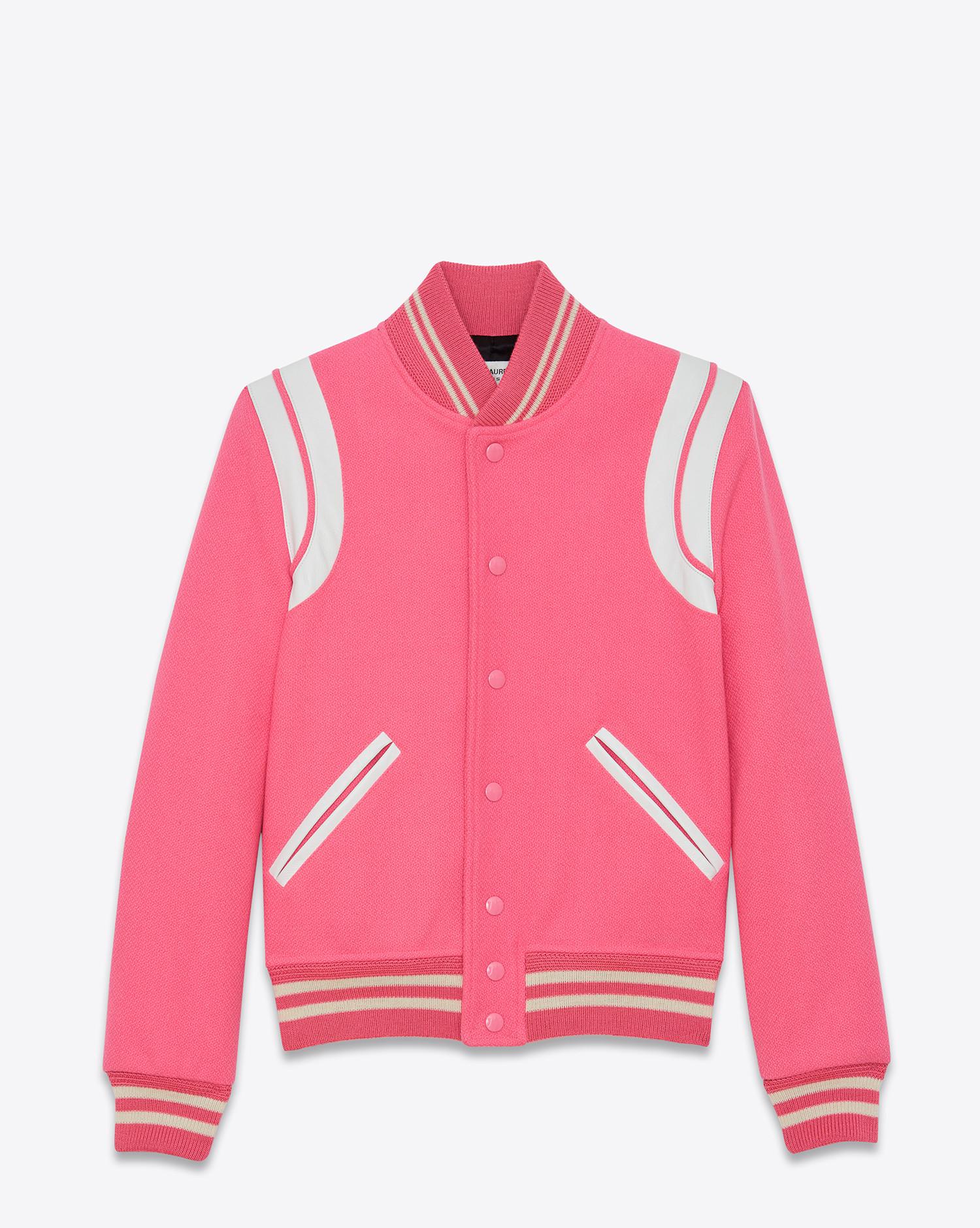 Saint Laurent Wool Teddy Varsity Jacket in Pink for Men | Lyst