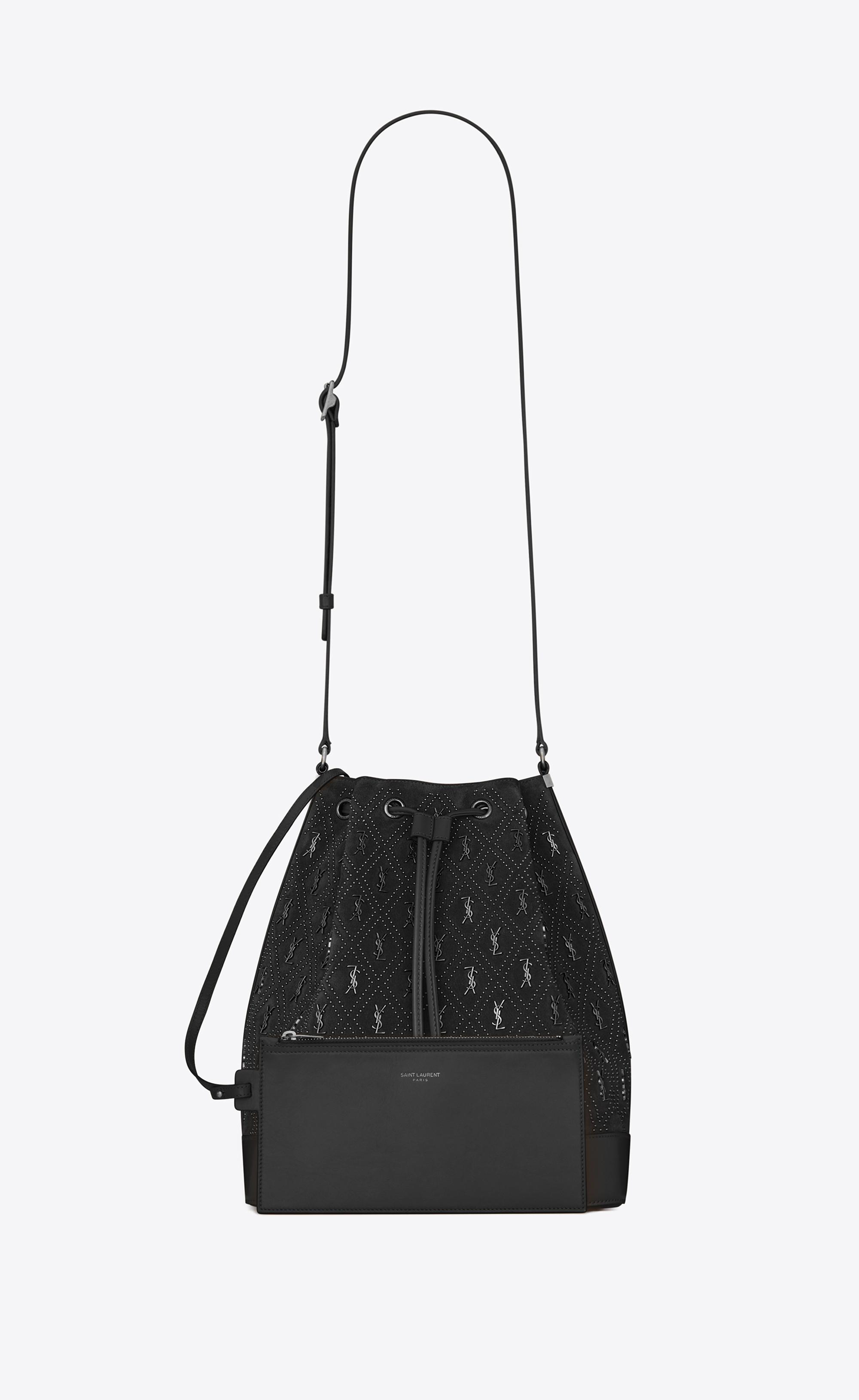 Saint Laurent Monogram All Over Bucket Bag In Studded Suede in Black | Lyst