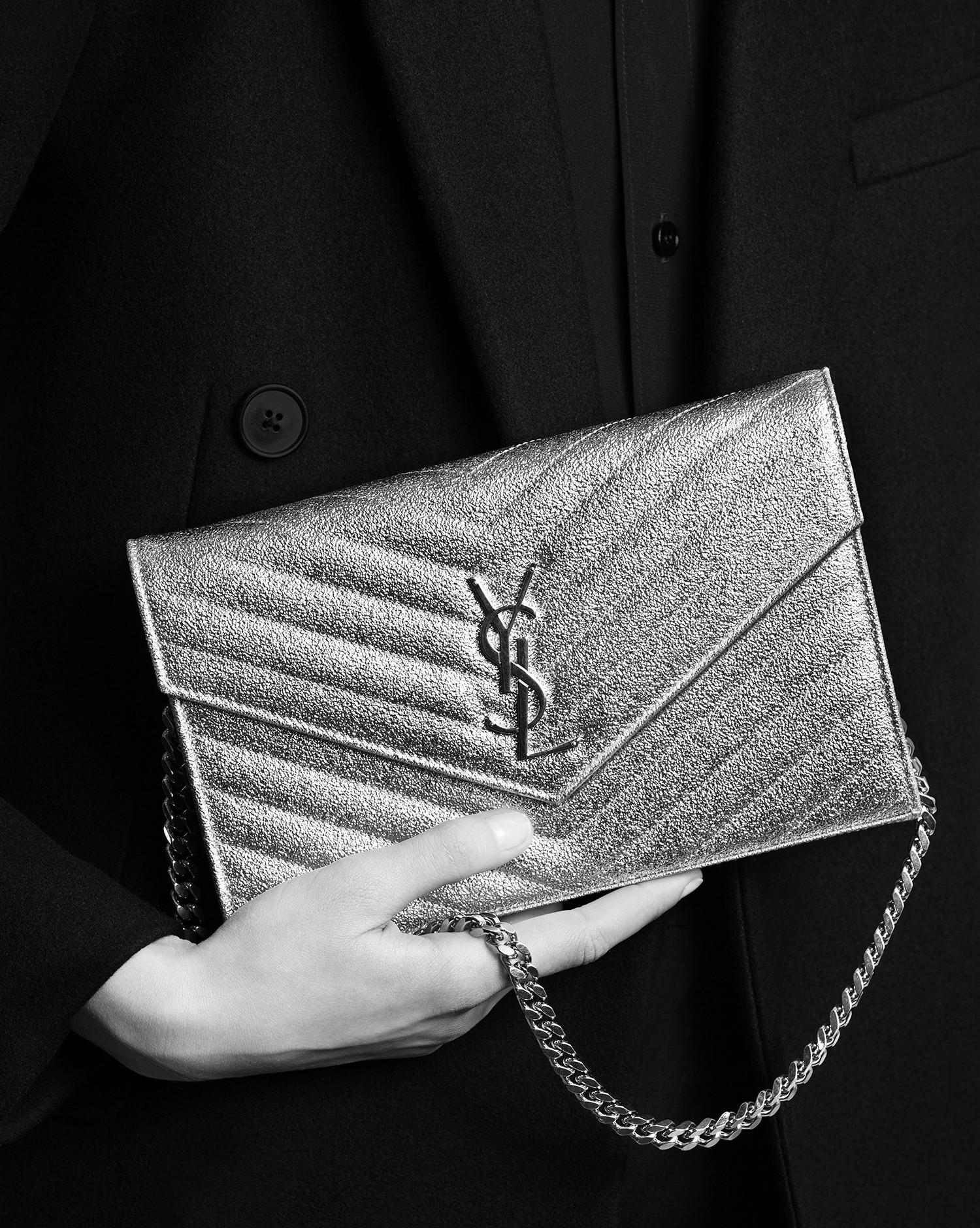 monogram chain wallet in silver textured matelassé metallic leather