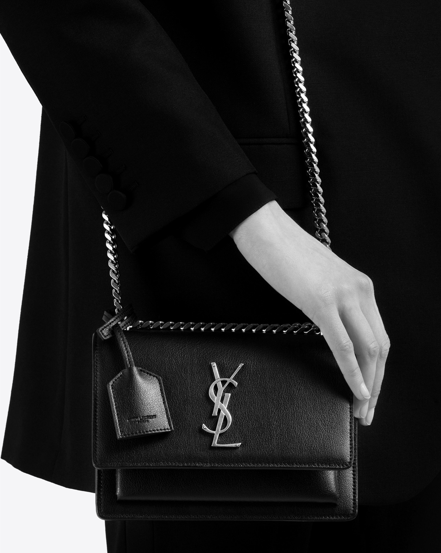 Saint Laurent Small Sunset Monogram Bag In Black Grained Leather - Lyst