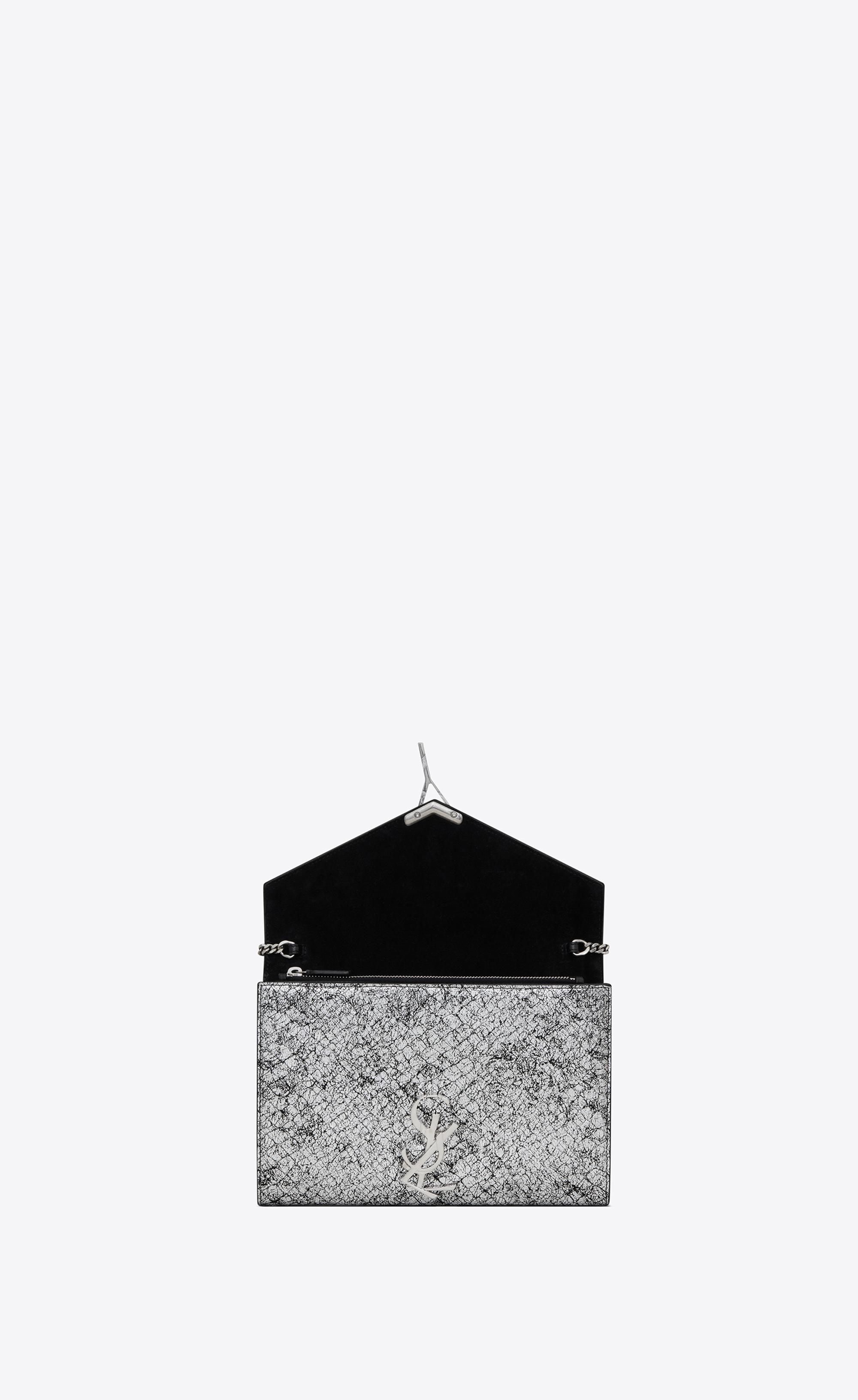 Saint Laurent Leather Cassandra Chain Wallet in Silver Black 