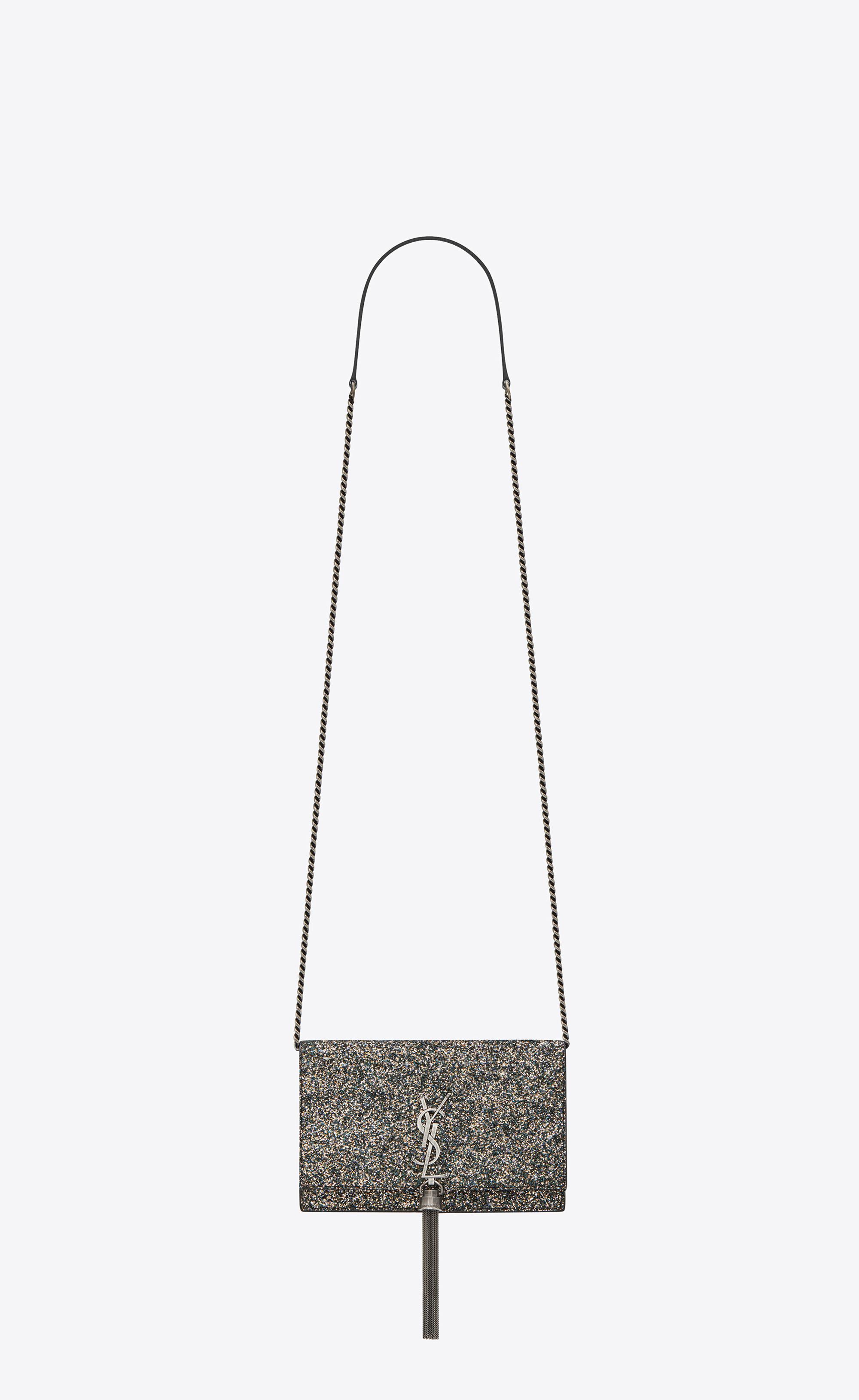 Wallet on chain - Shiny crumpled calfskin, strass & ruthenium-finish metal,  grey — Fashion
