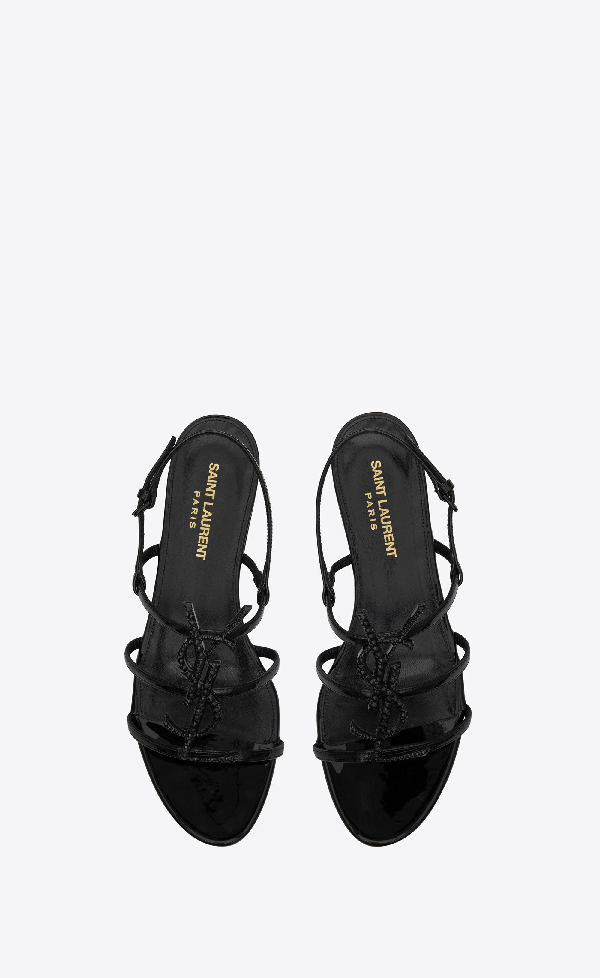 Saint Laurent Cassandra Flat Sandals In Patent Leather With Black Logo ...