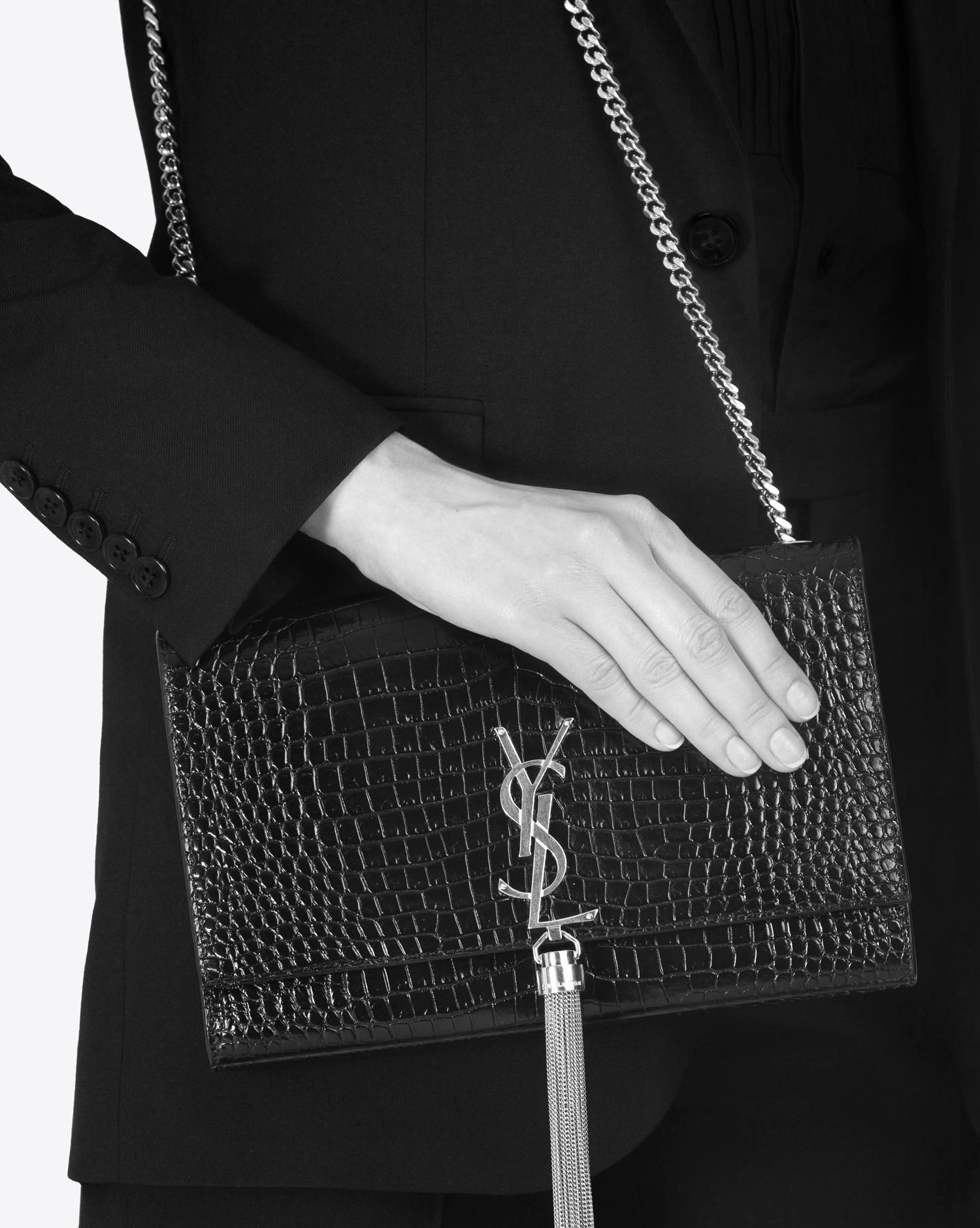 YSL Kate with Tassel WOC Medium Black Embossed Crocodile SHW (Cash