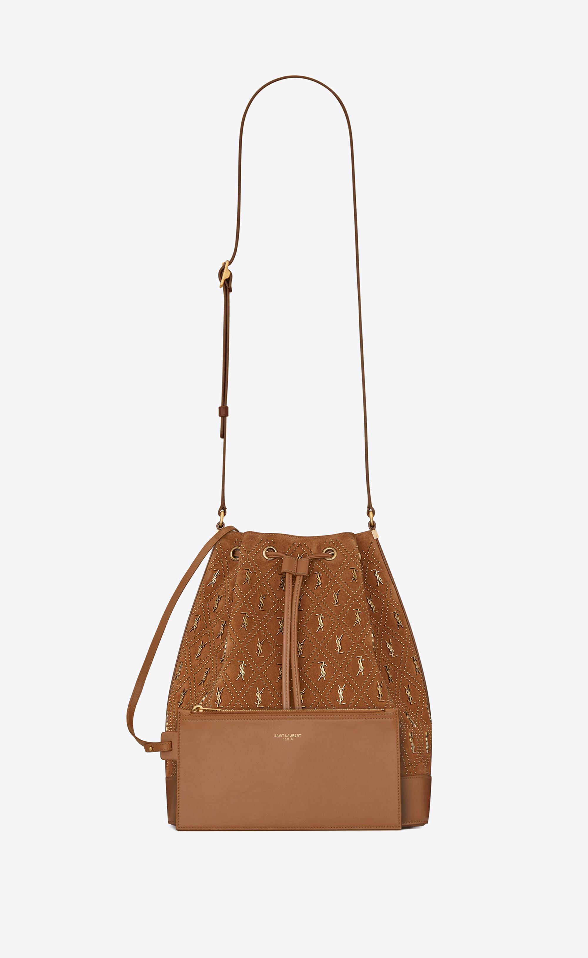 Saint Laurent Le Monogramme Bucket Bag In Studded Suede in Brown