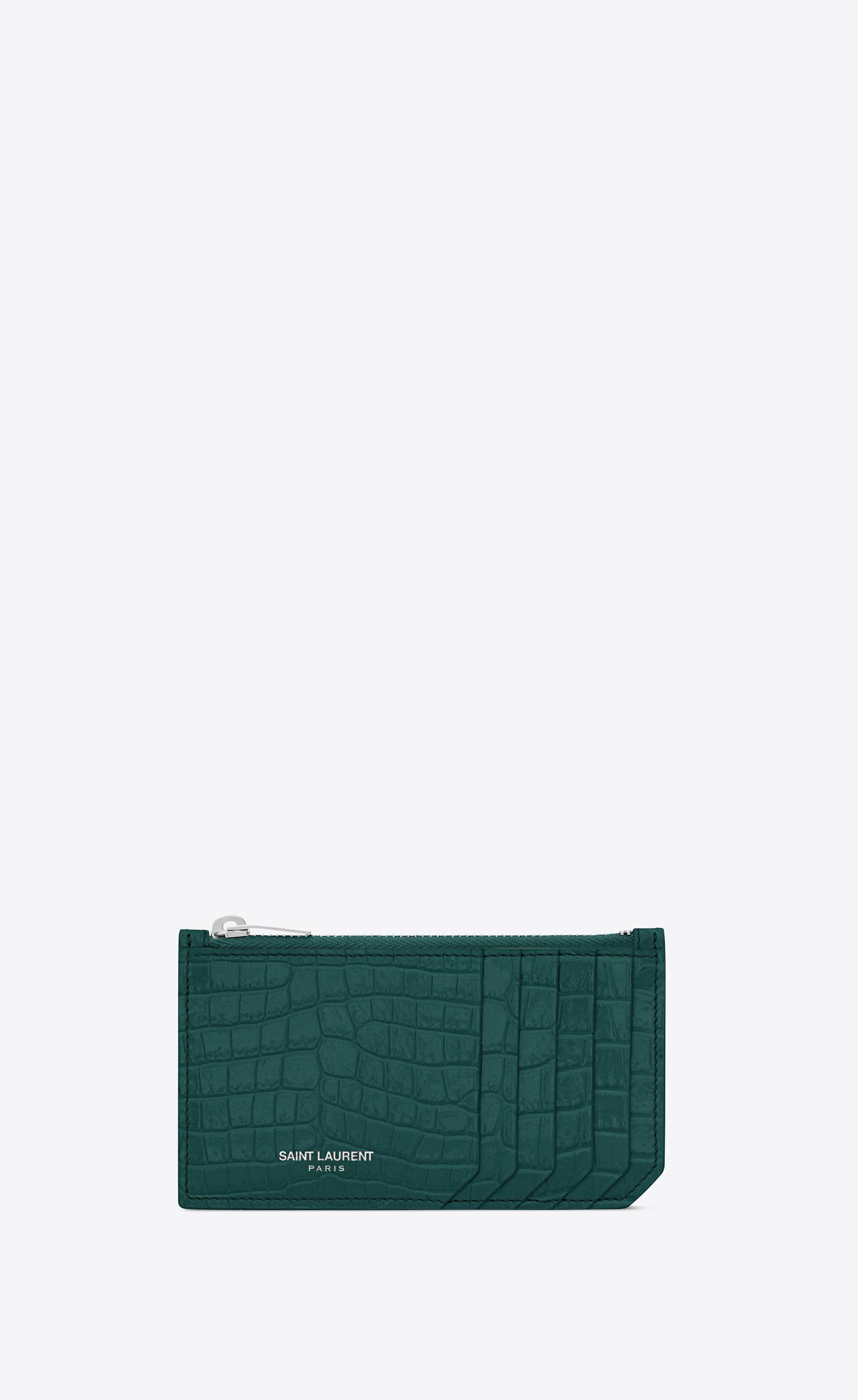 Saint Laurent Fragment Zipped Card Case In Crocodile Embossed Shiny Leather