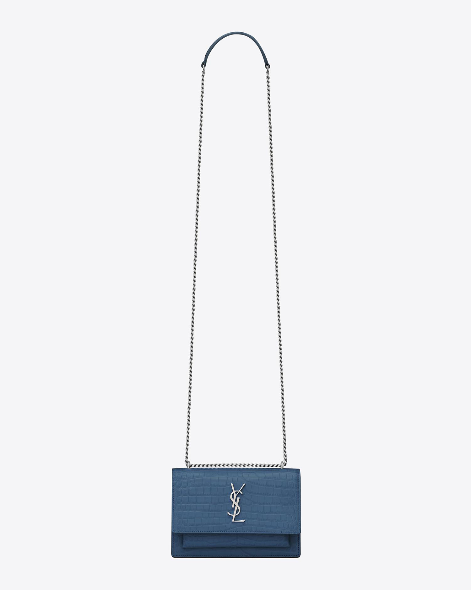 ysl sunset chain wallet in crocodile embossed shiny leather