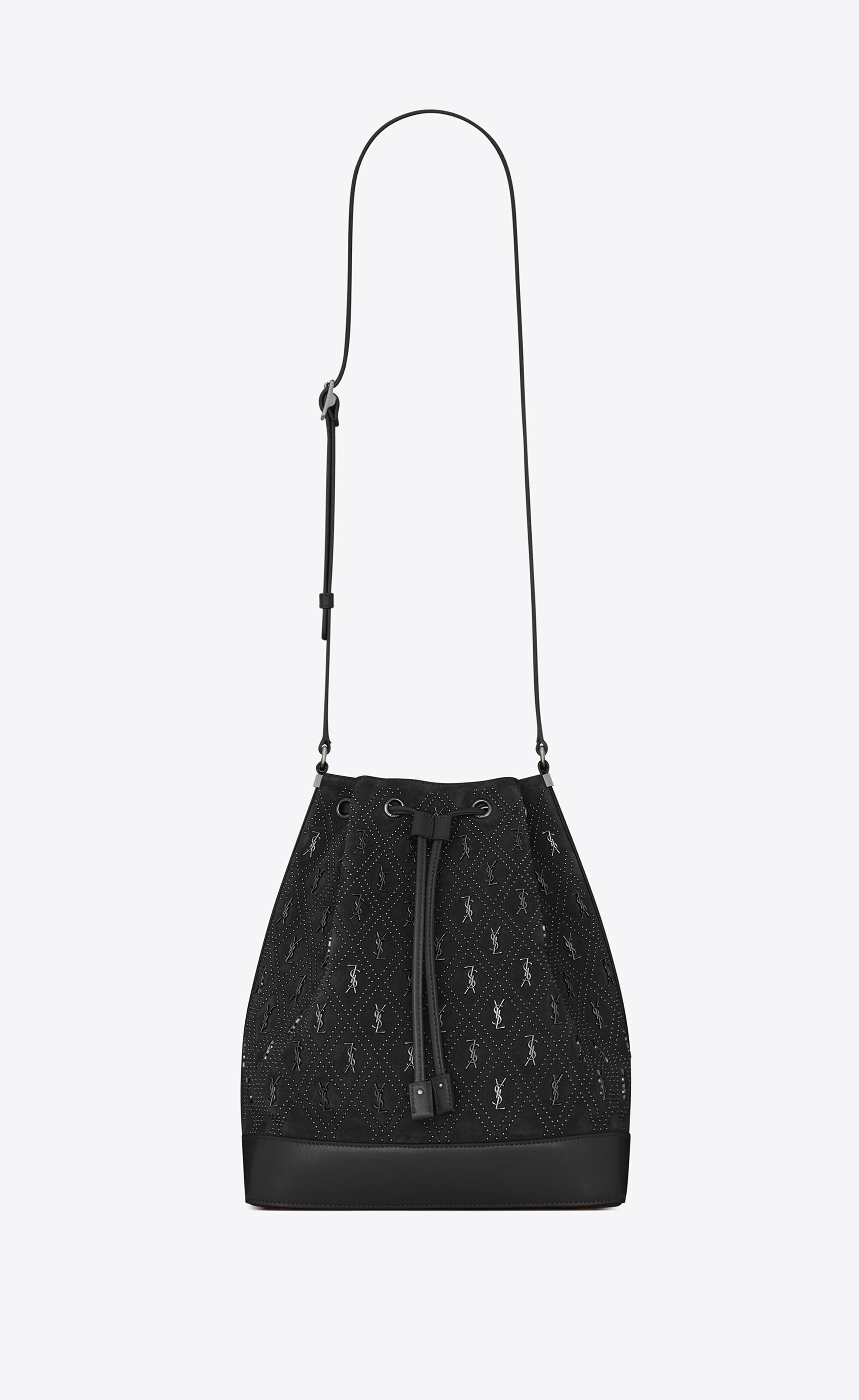 Saint Laurent Monogram All Over Bucket Bag In Studded Suede in Black