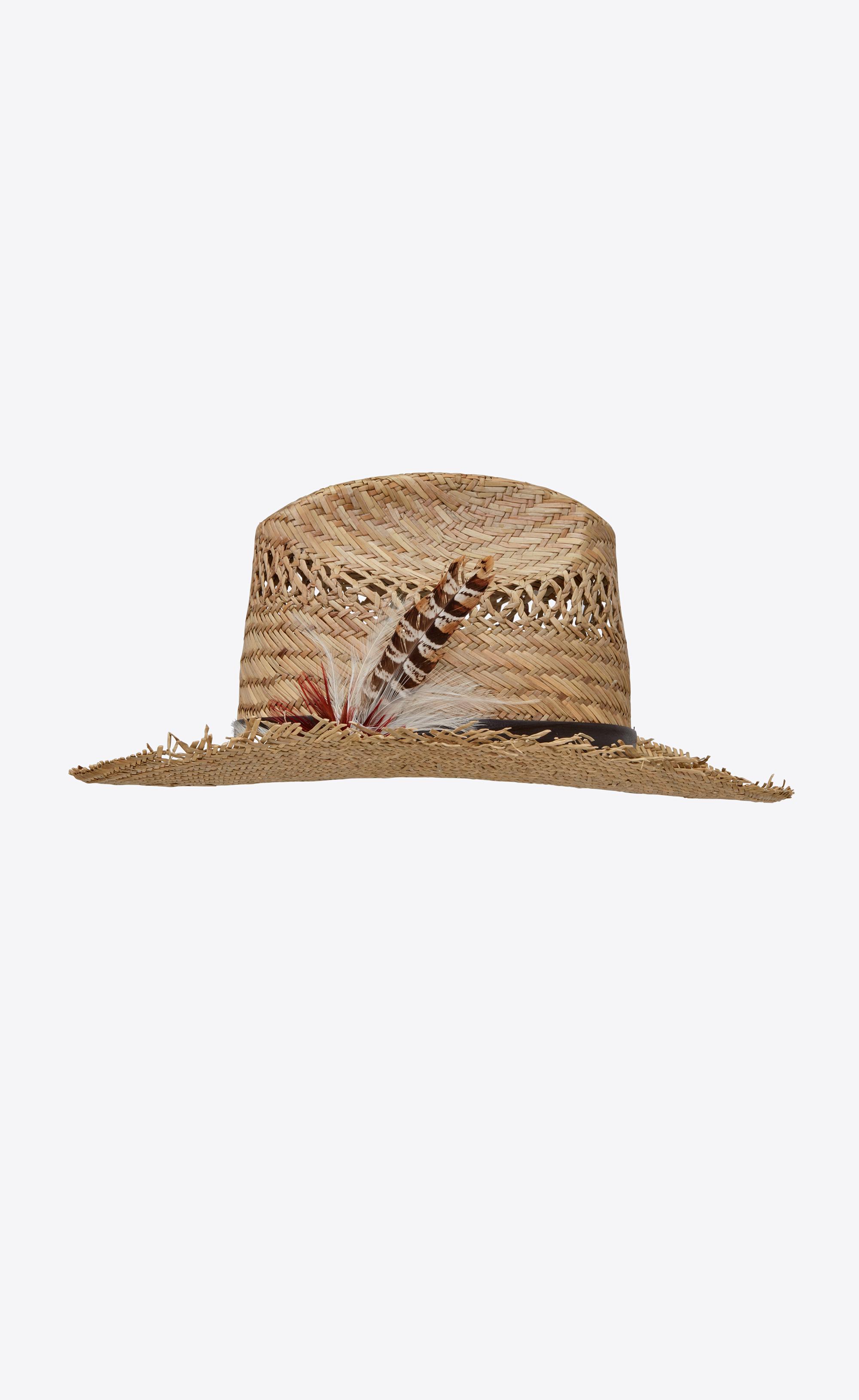 Saint Laurent Straw Cowboy Hat With Leather And Feathers in White