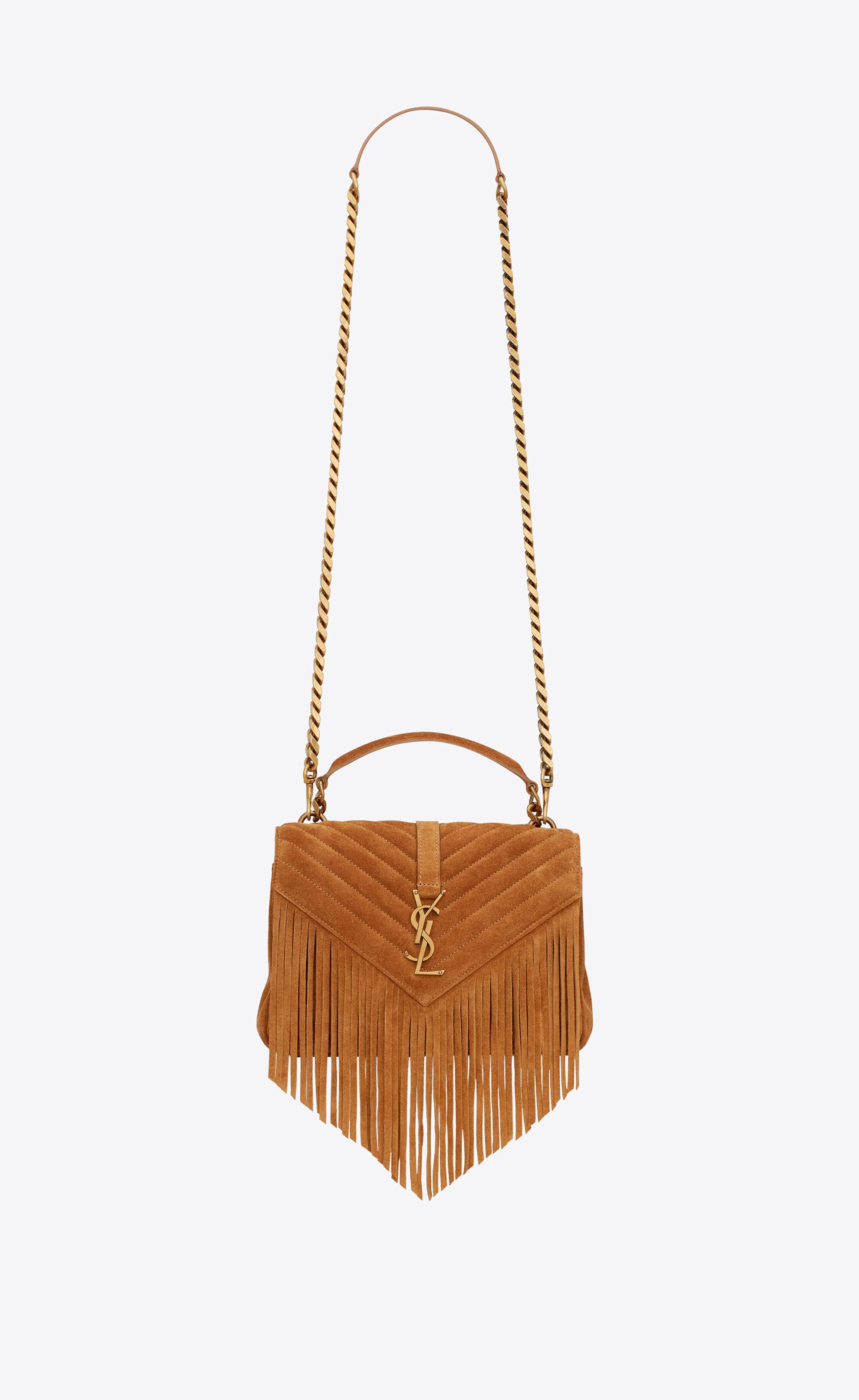 Saint Laurent College Medium Chain Bag In Light Suede With Fringes in Brown  | Lyst