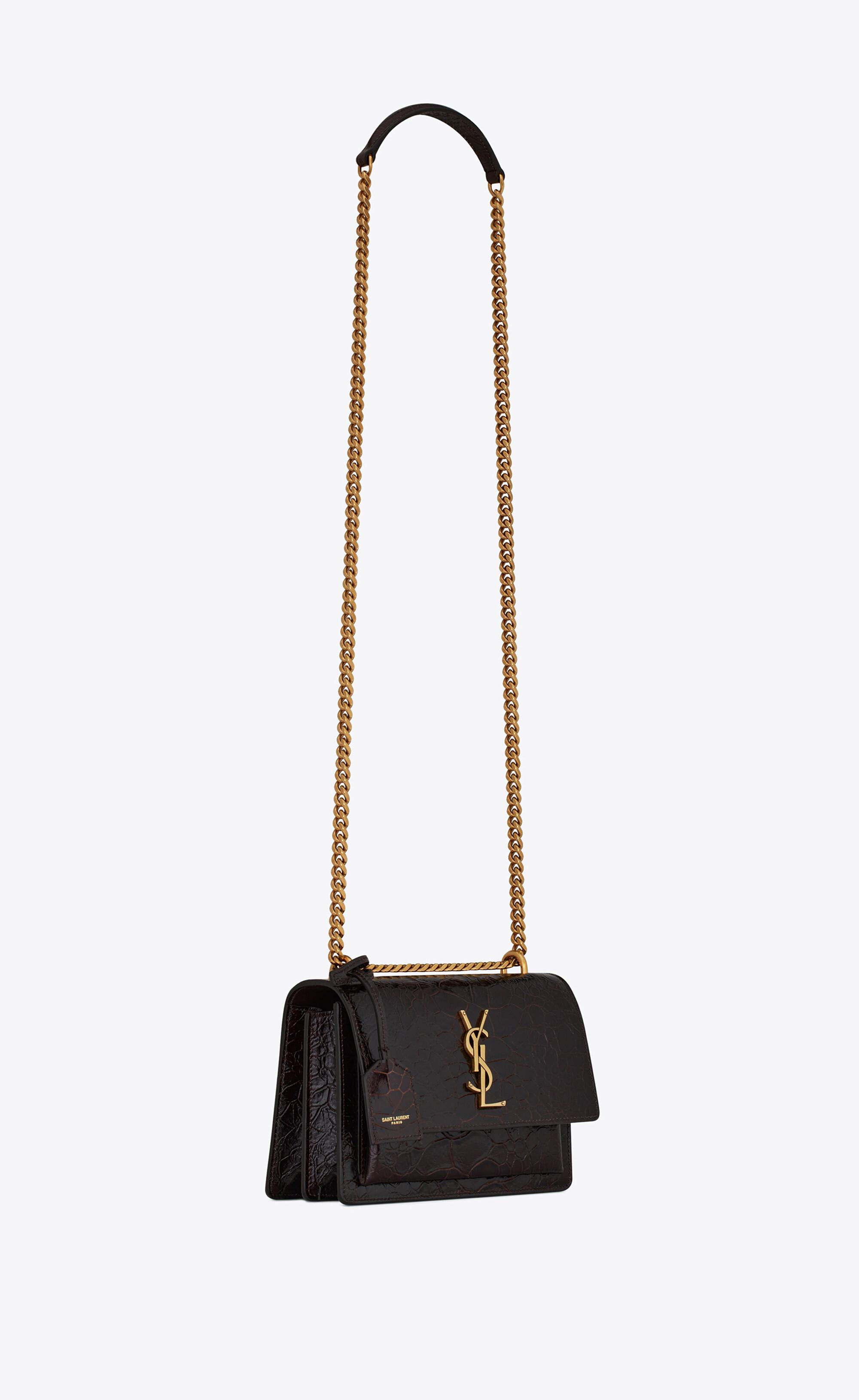 Saint Laurent Sunset Small In Shiny Scale-embossed Leather in Brown