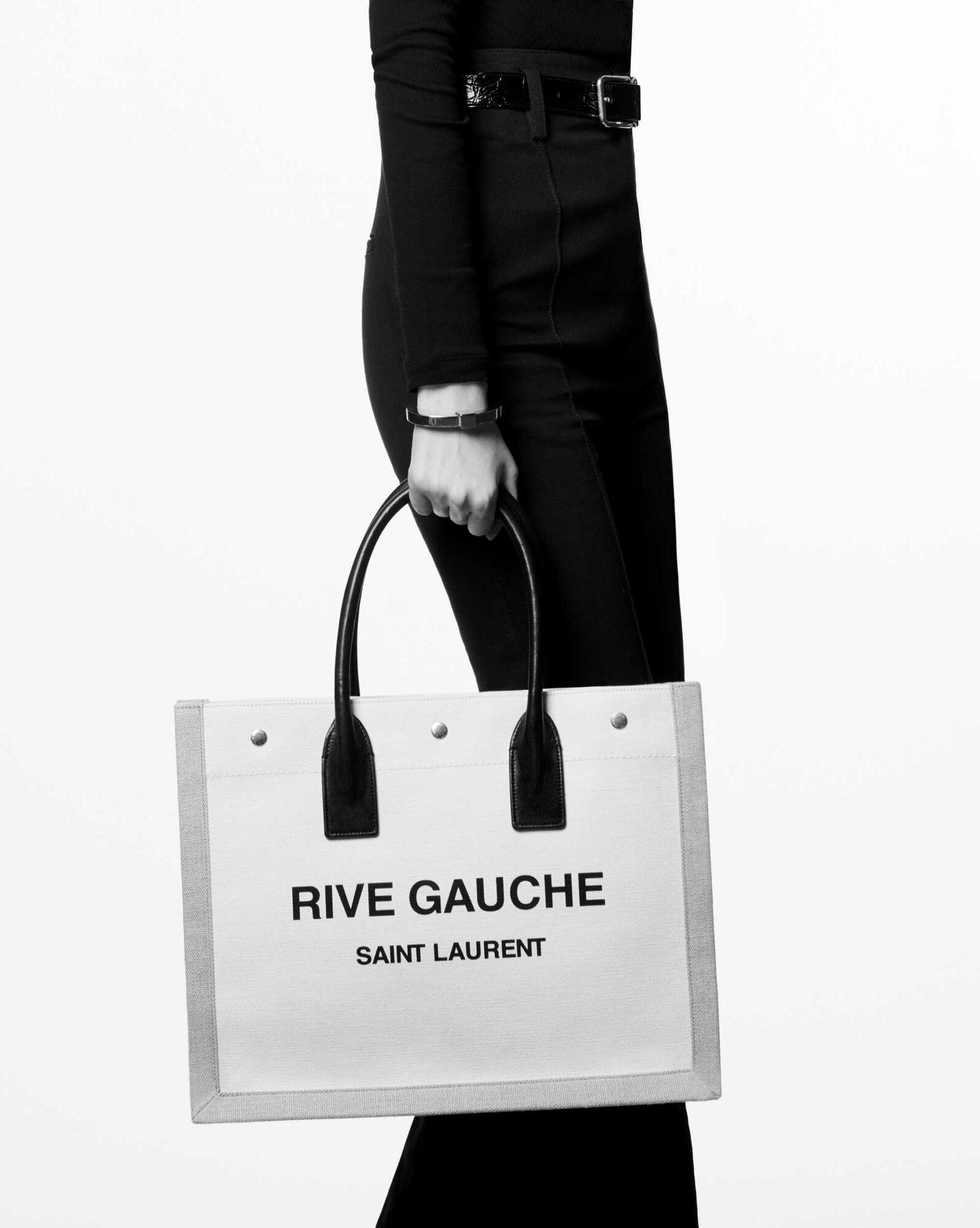 Saint Laurent Rive Gauche Small Tote Bag In Linen And Leather in