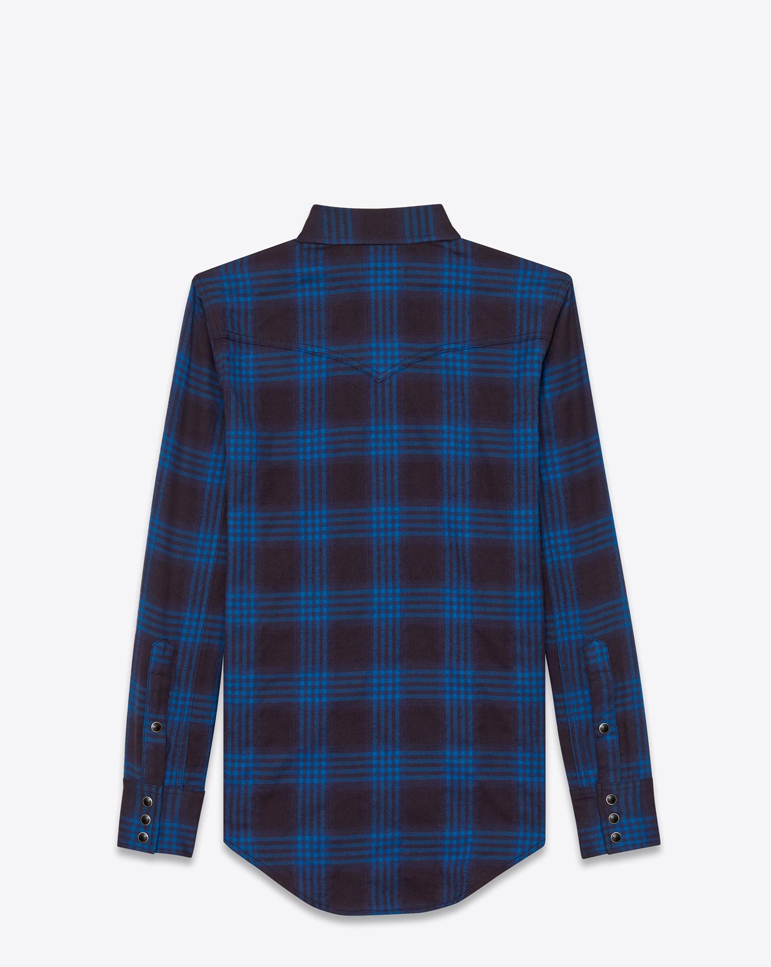 Saint Laurent Western Shirt In Navy Blue And Ink Blue Plaid Cotton And