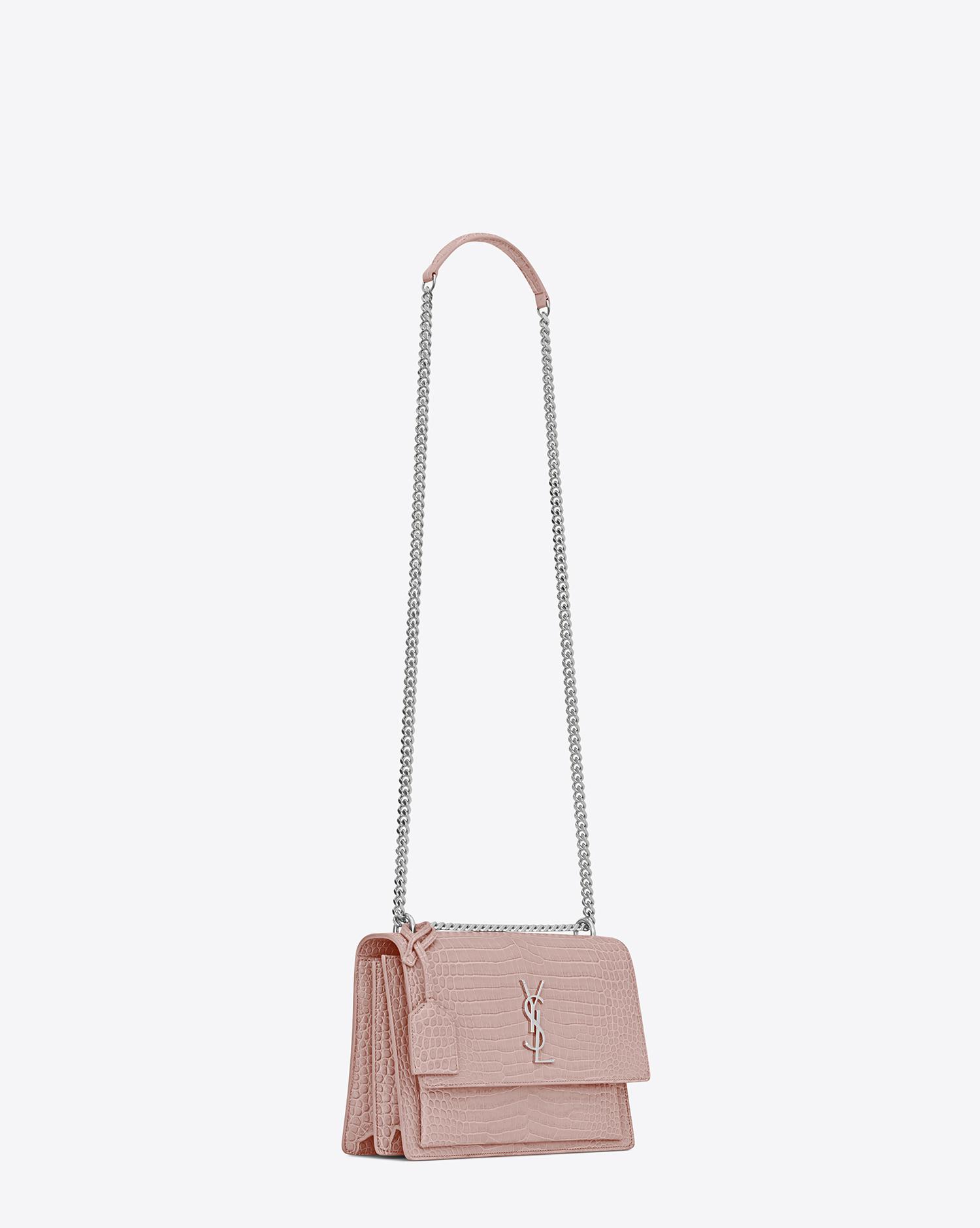 Saint Laurent Medium Sunset Bag In Powder Pink Crocodile Embossed Shiny  Leather