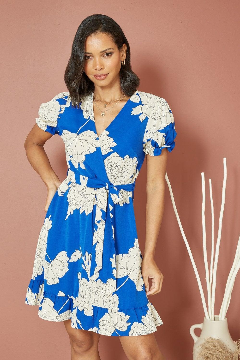 Mela London Mela Blossom Print Wrap Dress With Puff Sleeves in Blue Lyst UK