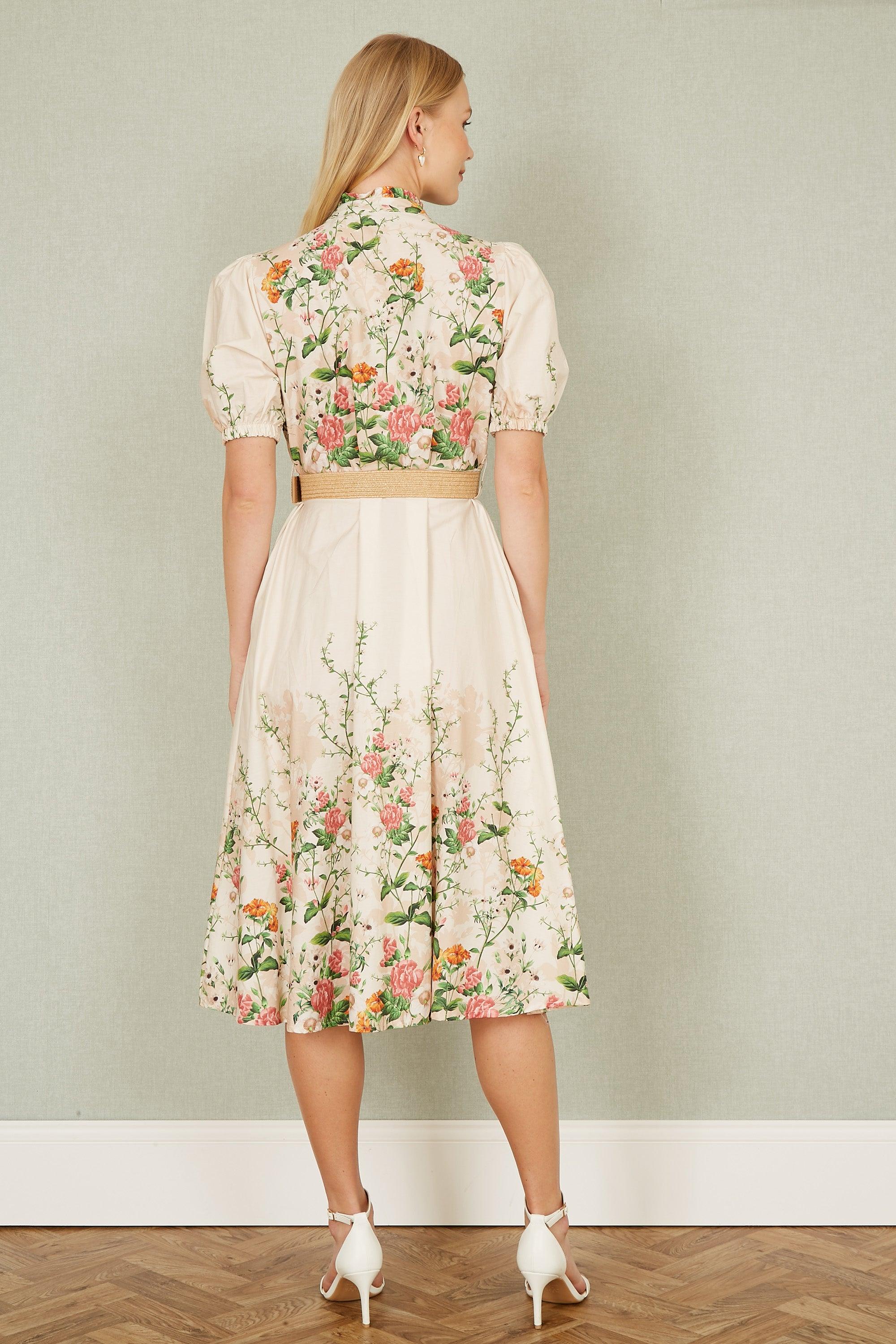 Yumi' Ivory Cotton Printed Midi Floral Placement Shirt Dress in