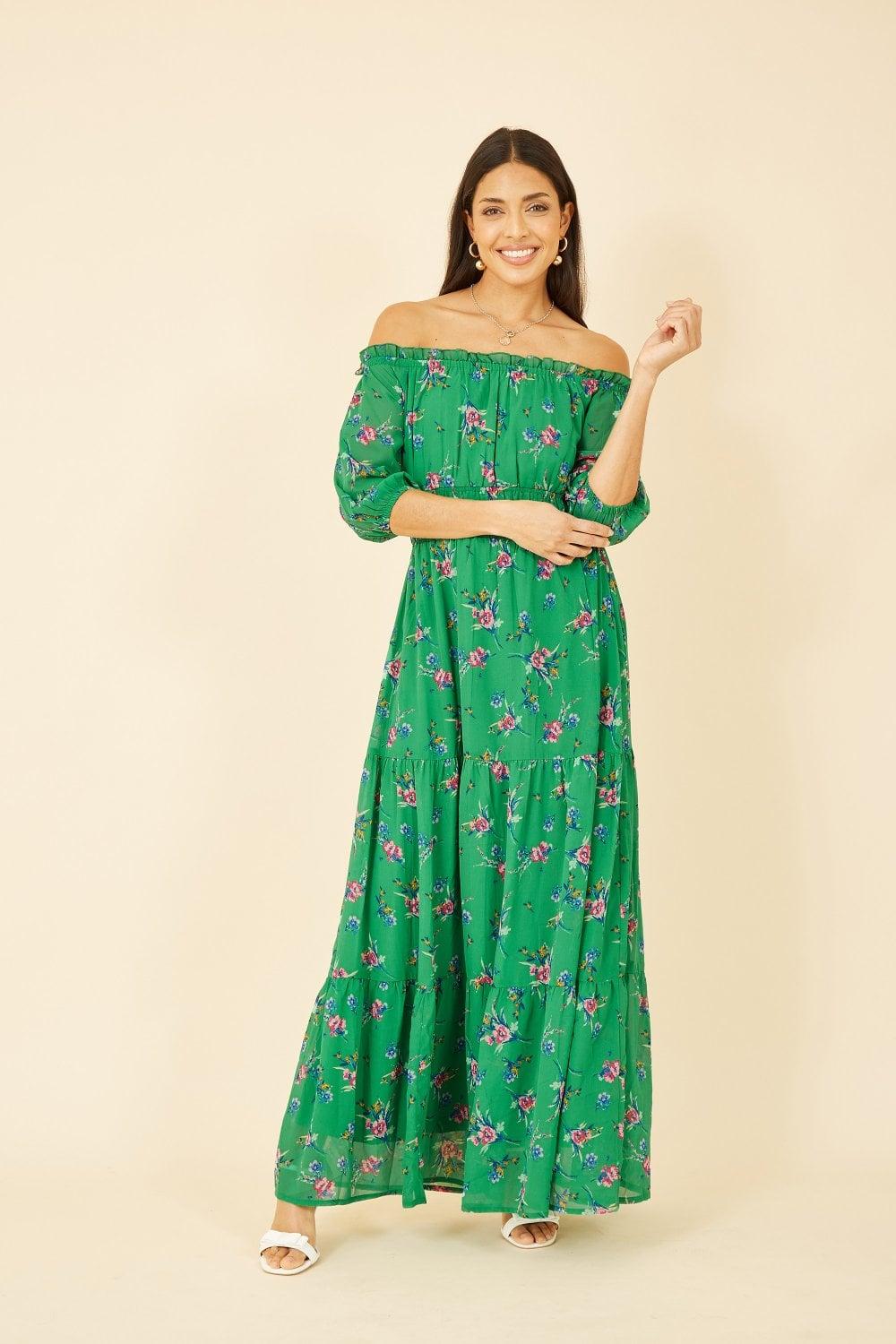 Yumi' Floral Bardot Long Sleeve Maxi Dress in Green Lyst UK