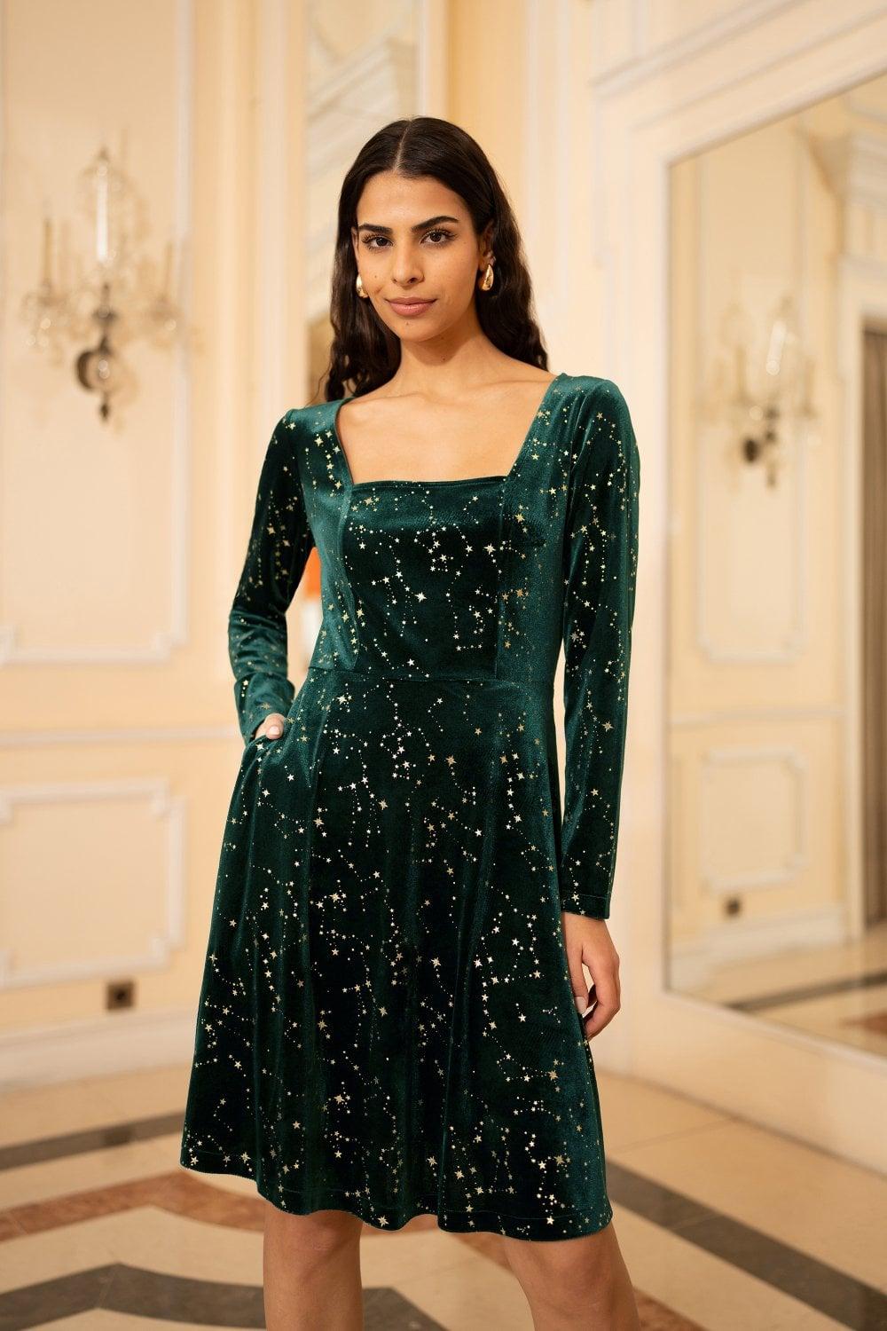 Mela London Mela Star Foil Print Long Sleeve Skater Dress in Green Lyst UK