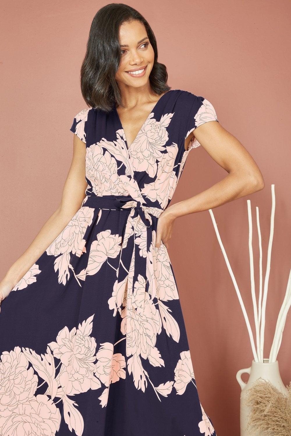yumi mela navy floral wrap dress