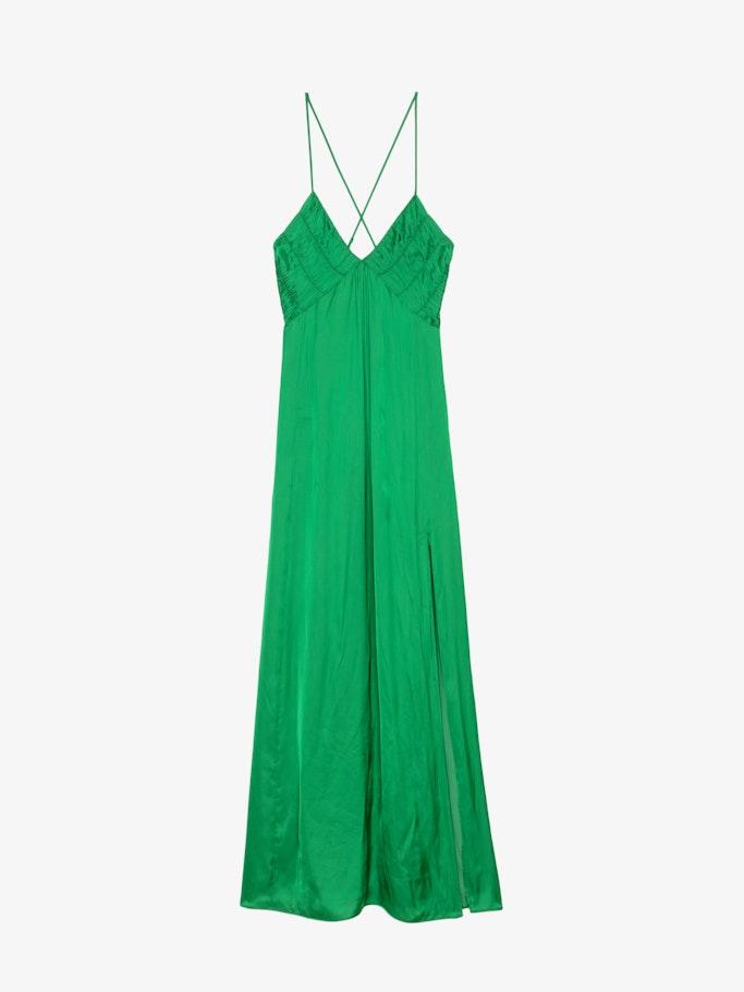 green emerald velvet dress Lapointe Lightweight Satin Dress with Feathers
