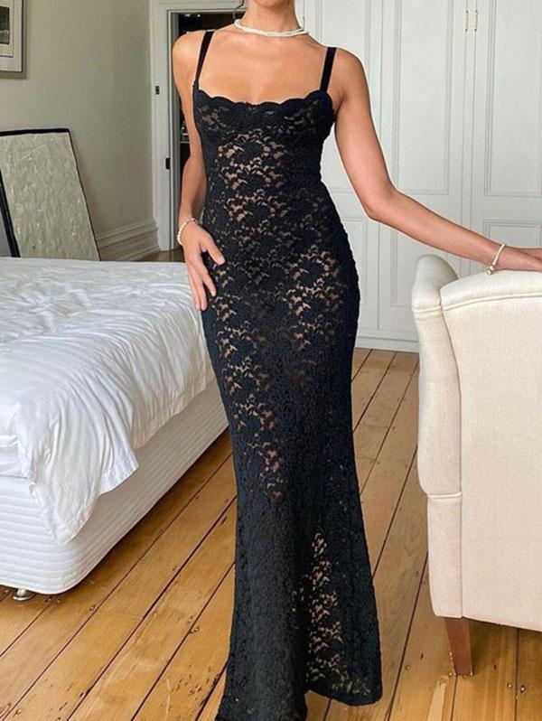 Zaful Sexy Going Out Spaghetti Strap Backless Sheer See Through Lace Floral  Back Slit Slinky Maxi Long Dress in Black | Lyst