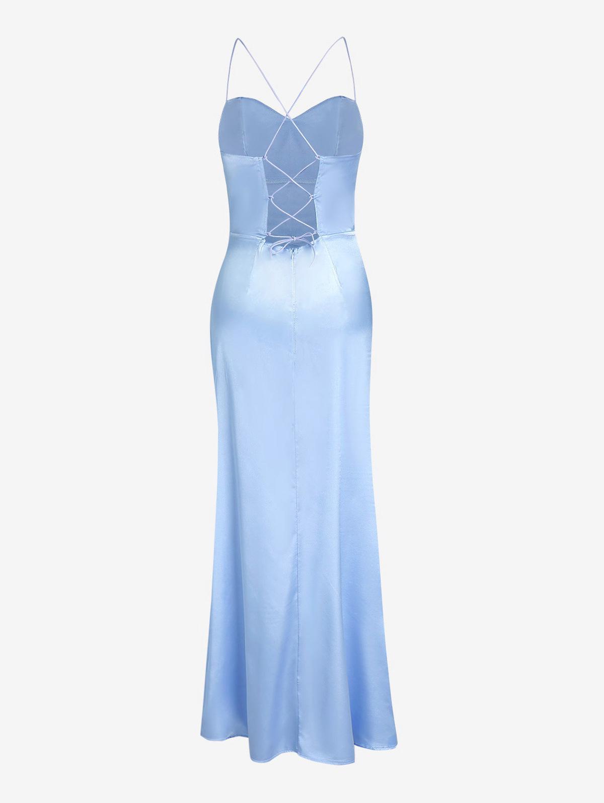 Zaful Maxi Satin Cowl Front Lace Up Slit Corset Prom Dress With Flowy  Tassels in Blue | Lyst