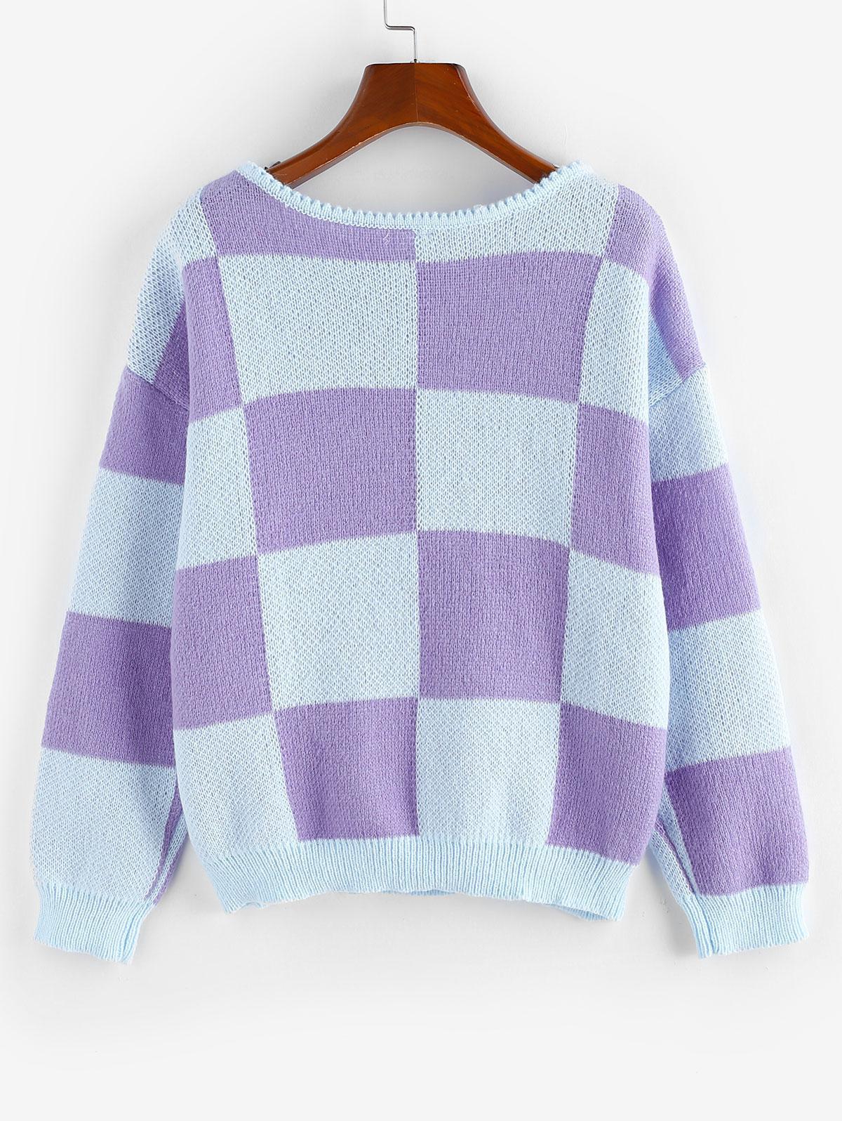 Zaful Checkered Drop Shoulder Jumper Sweater in Purple | Lyst