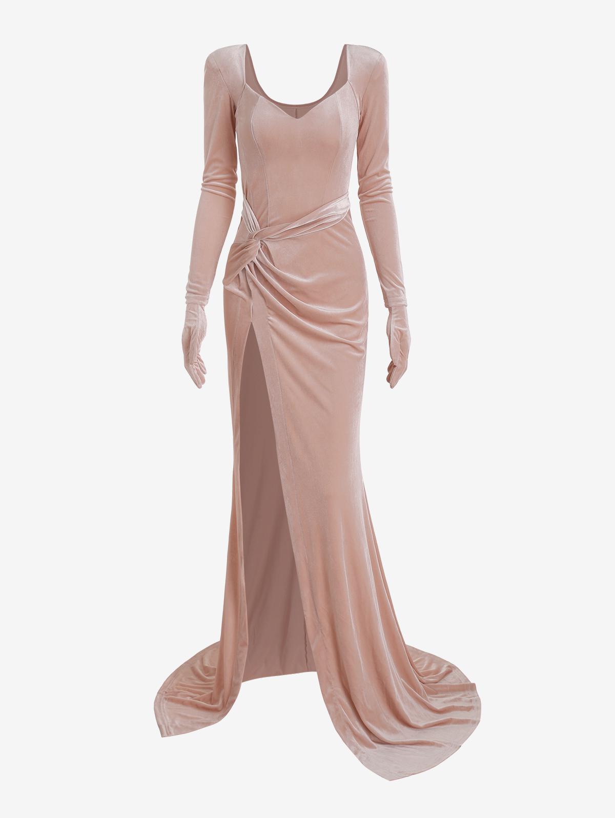 velvet gloves sleeve twisted ruched high slit evening dress