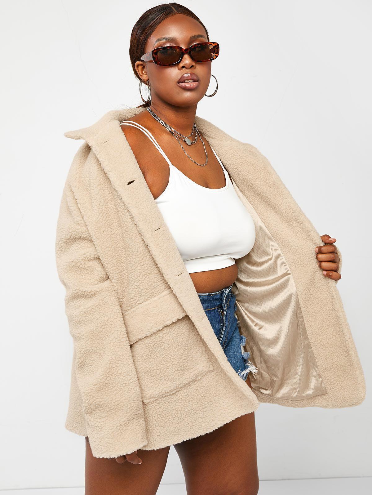 Zaful Plus Size Double Pockets Faux Shearling Coat in Natural | Lyst