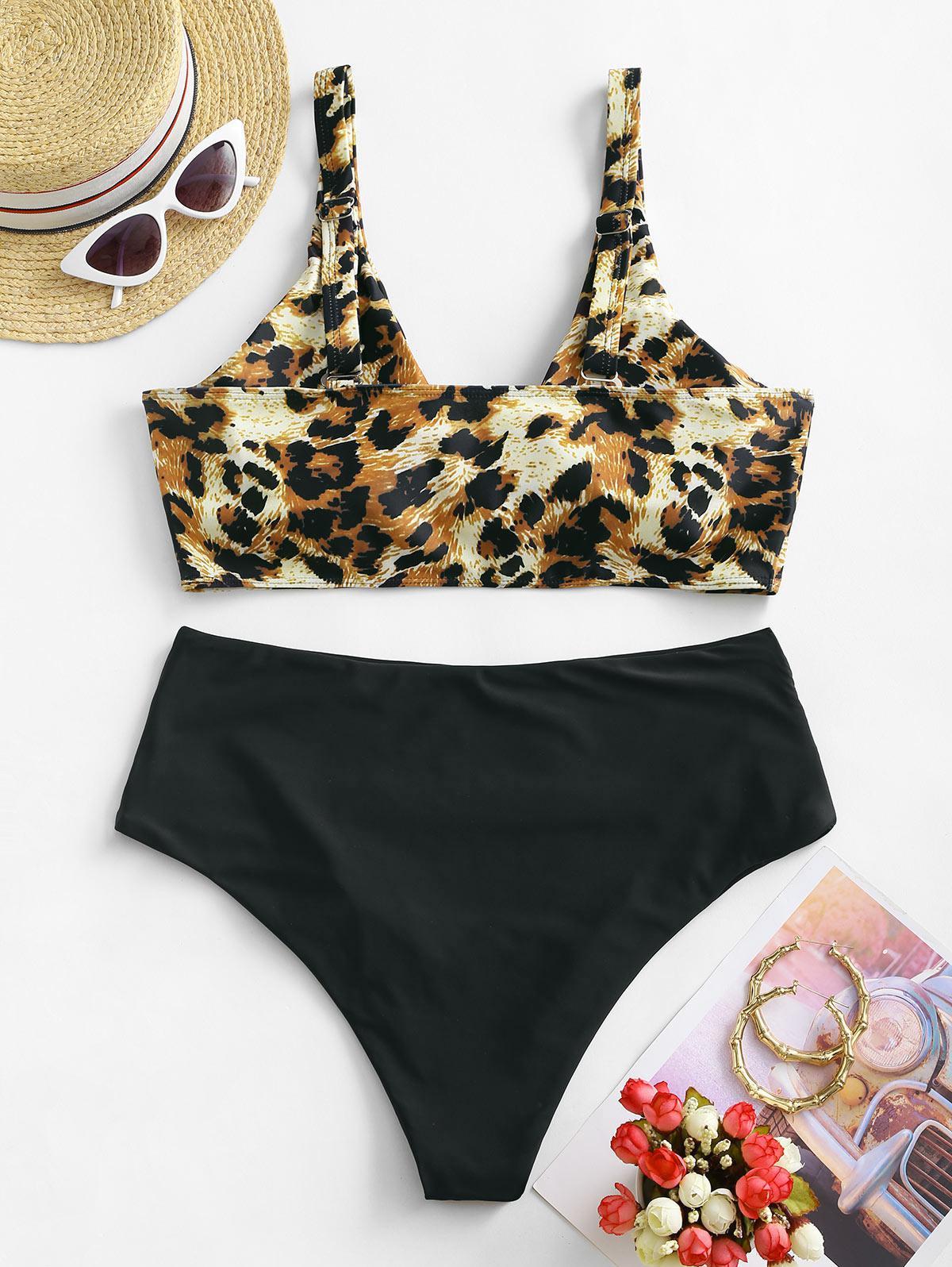 Zaful Synthetic Plus Size Leopard Ruched Tankini Swimwear in Black | Lyst