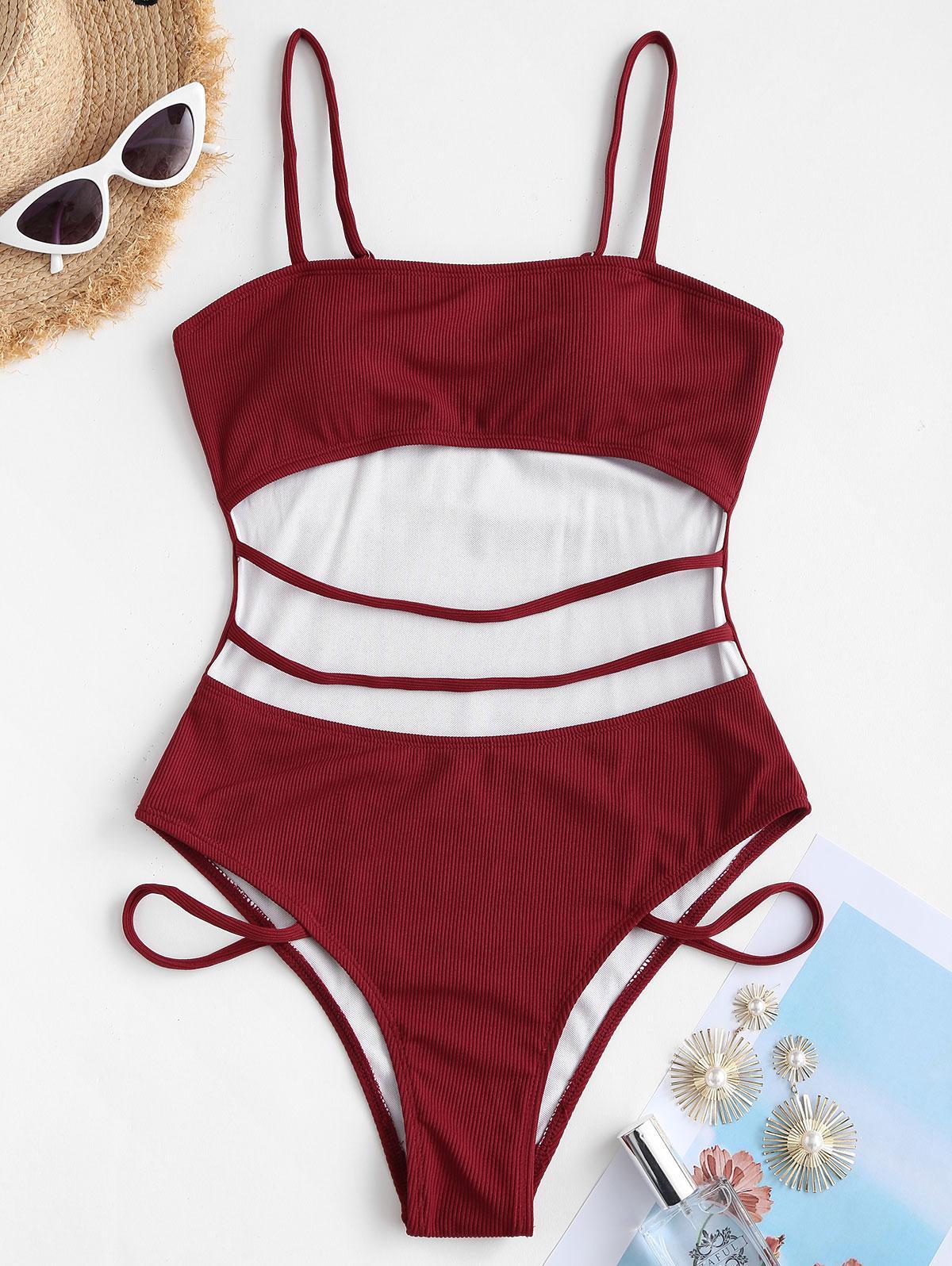 Zaful One Piece Cutout Strappy Ribbed One-piece Swimsuit in Deep Red (Red)  | Lyst