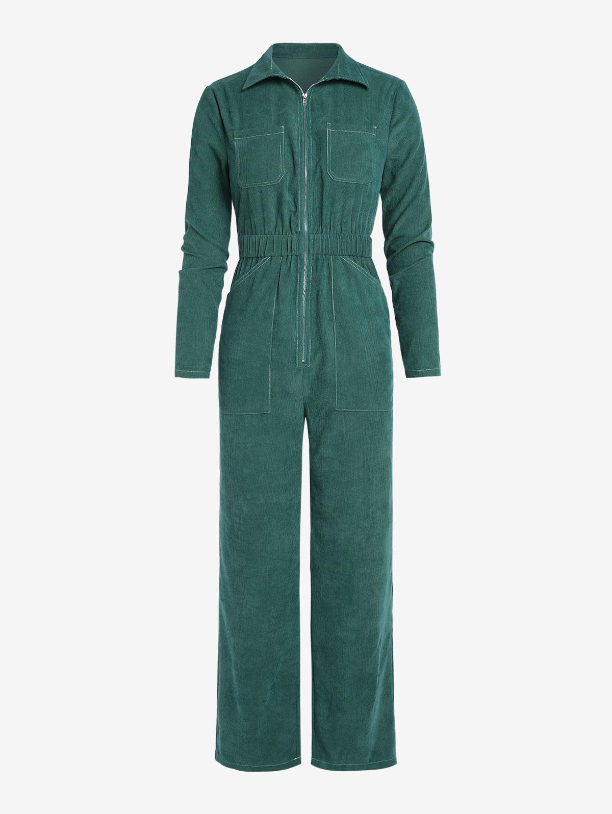 Zaful Jumpsuit Corduroy Patch Pocket Zip Front Jumpsuit in Green | Lyst