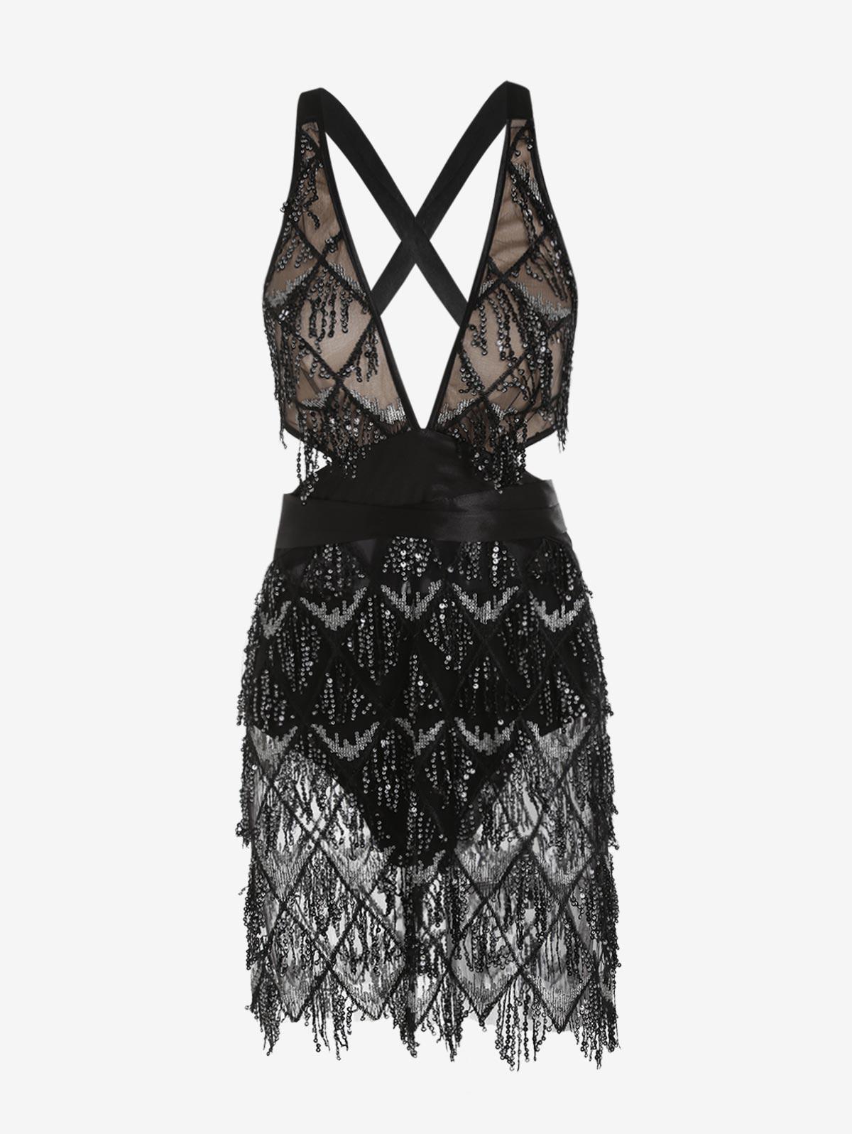 Zaful Mini Dress Sequins Backless Tie Sheer Mesh Club Party Dress With  Panty in Black | Lyst