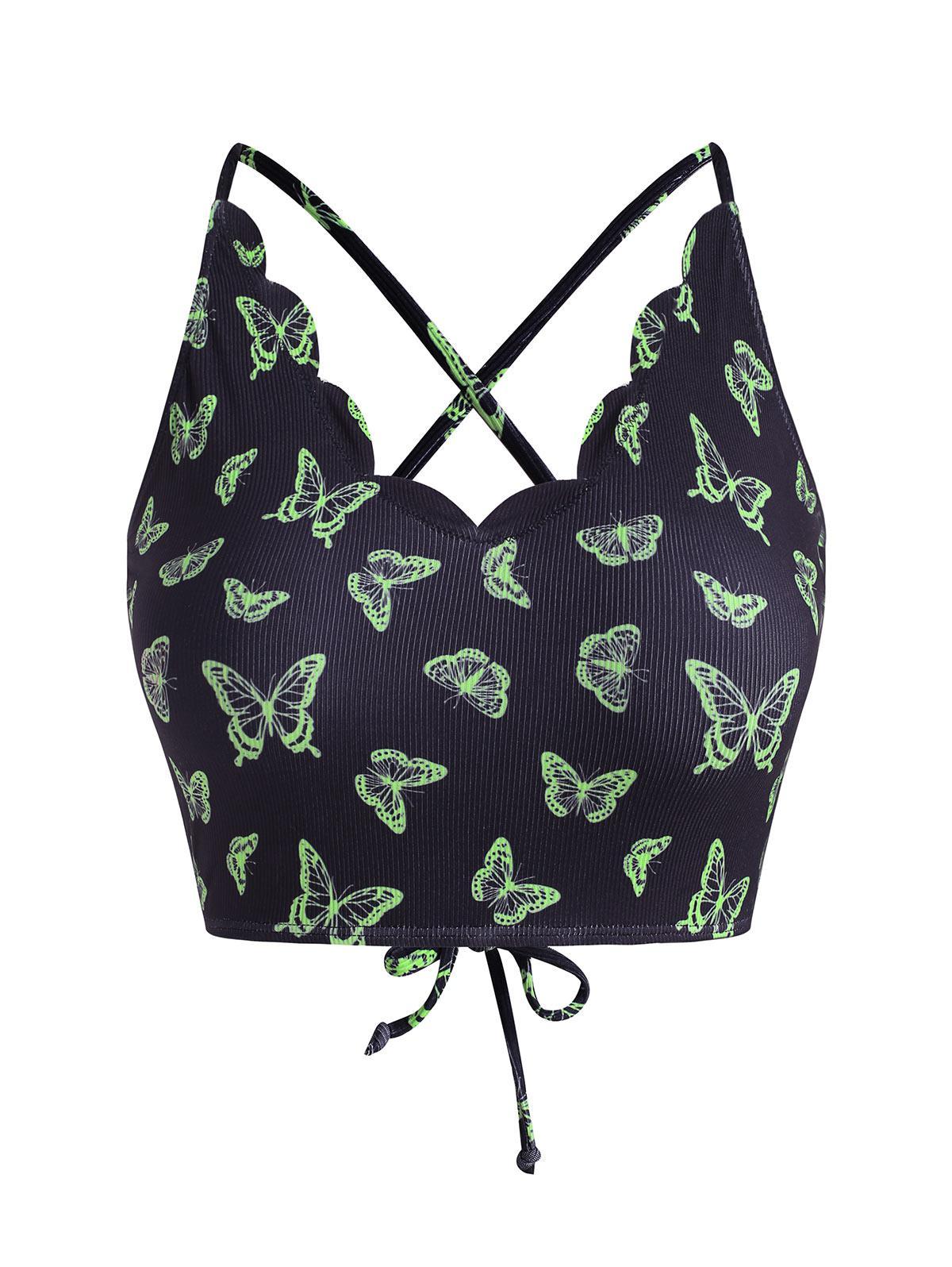 dwaas Attent vertaler Zaful Bikini Plus Size Ribbed Butterfly Print Scalloped Lace-up Bikini Top  Xl in Black | Lyst
