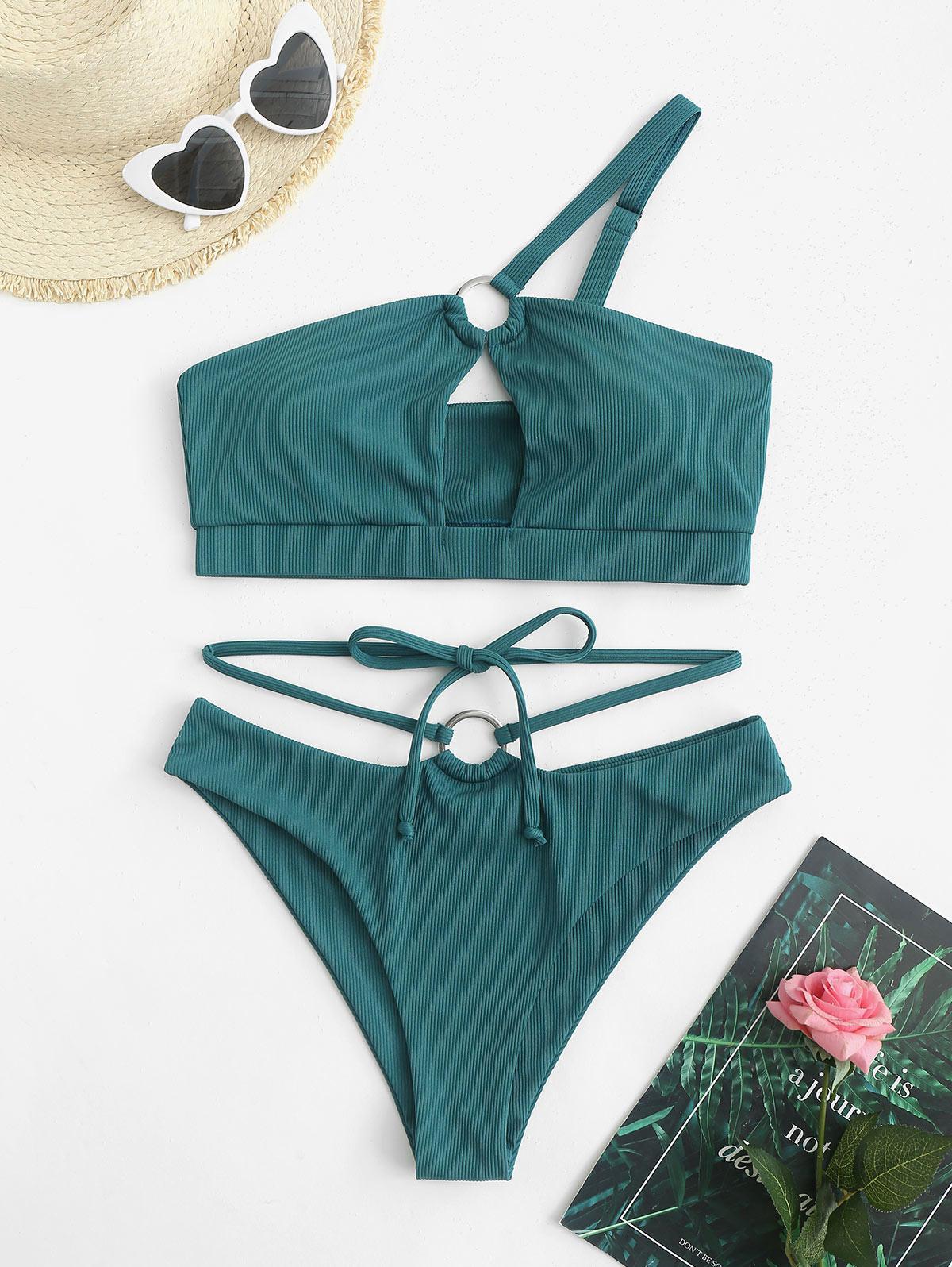 Zaful Ribbed O Ring Cut Out One Shoulder Tankini Swimwear in Deep Green  (Green) | Lyst