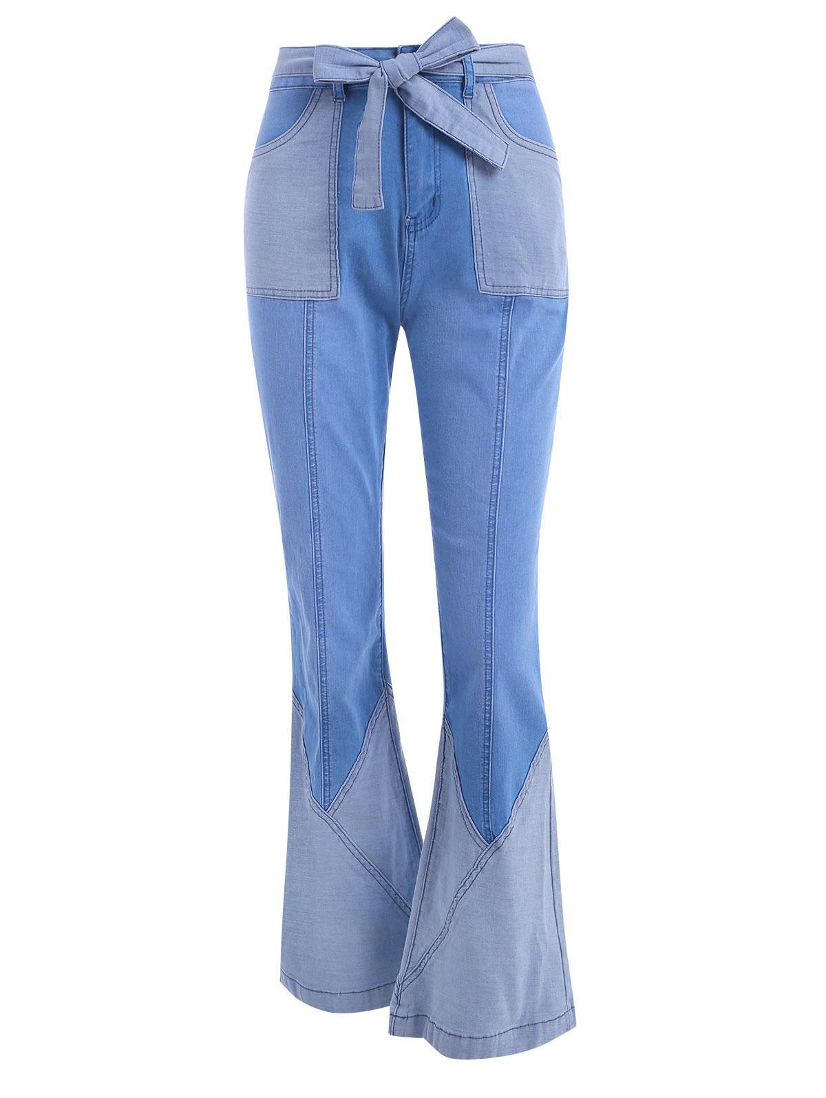Zaful Denim Belted Patchwork Flare Jeans in Light Blue (Blue) | Lyst