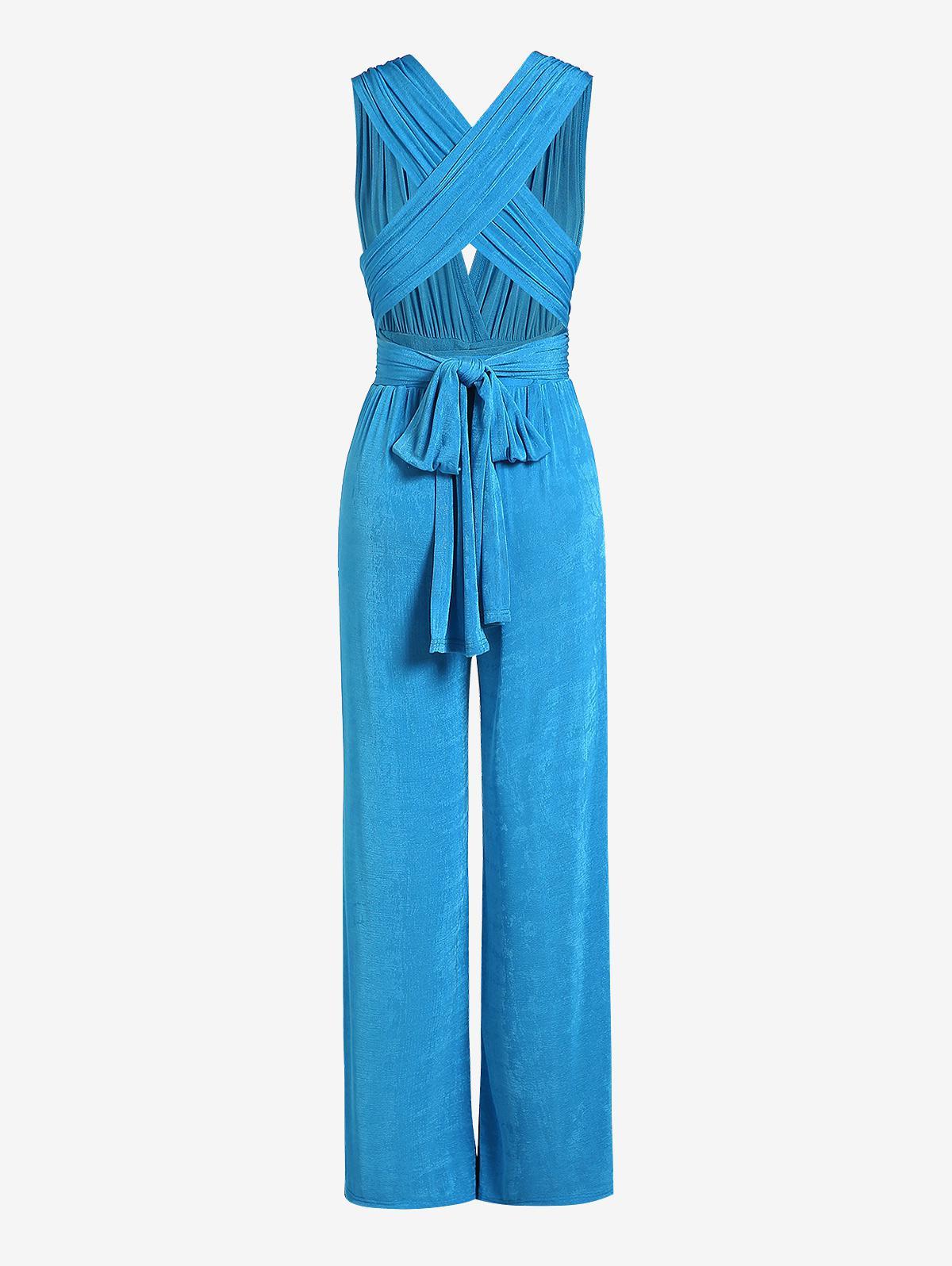 Zaful Jumpsuit Multiway Backless Self Tie Sleeveless Plunging Neck Wide Leg  Jumpsuit in Blue | Lyst