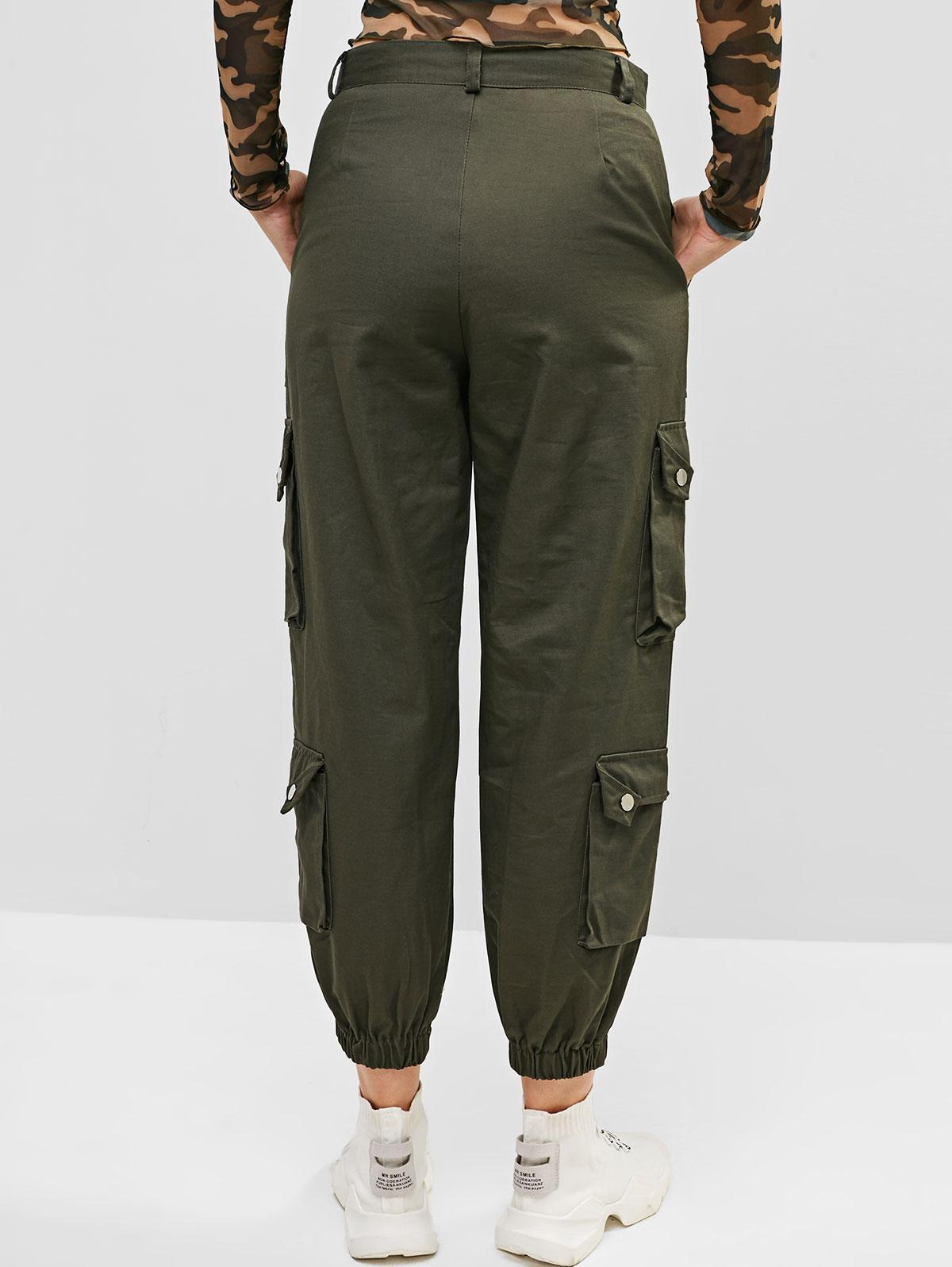 Zaful Plaid Buckle Belted Pocket Cargo Techwear Pants in Black Slacks and Chinos Cargo trousers Womens Clothing Trousers 