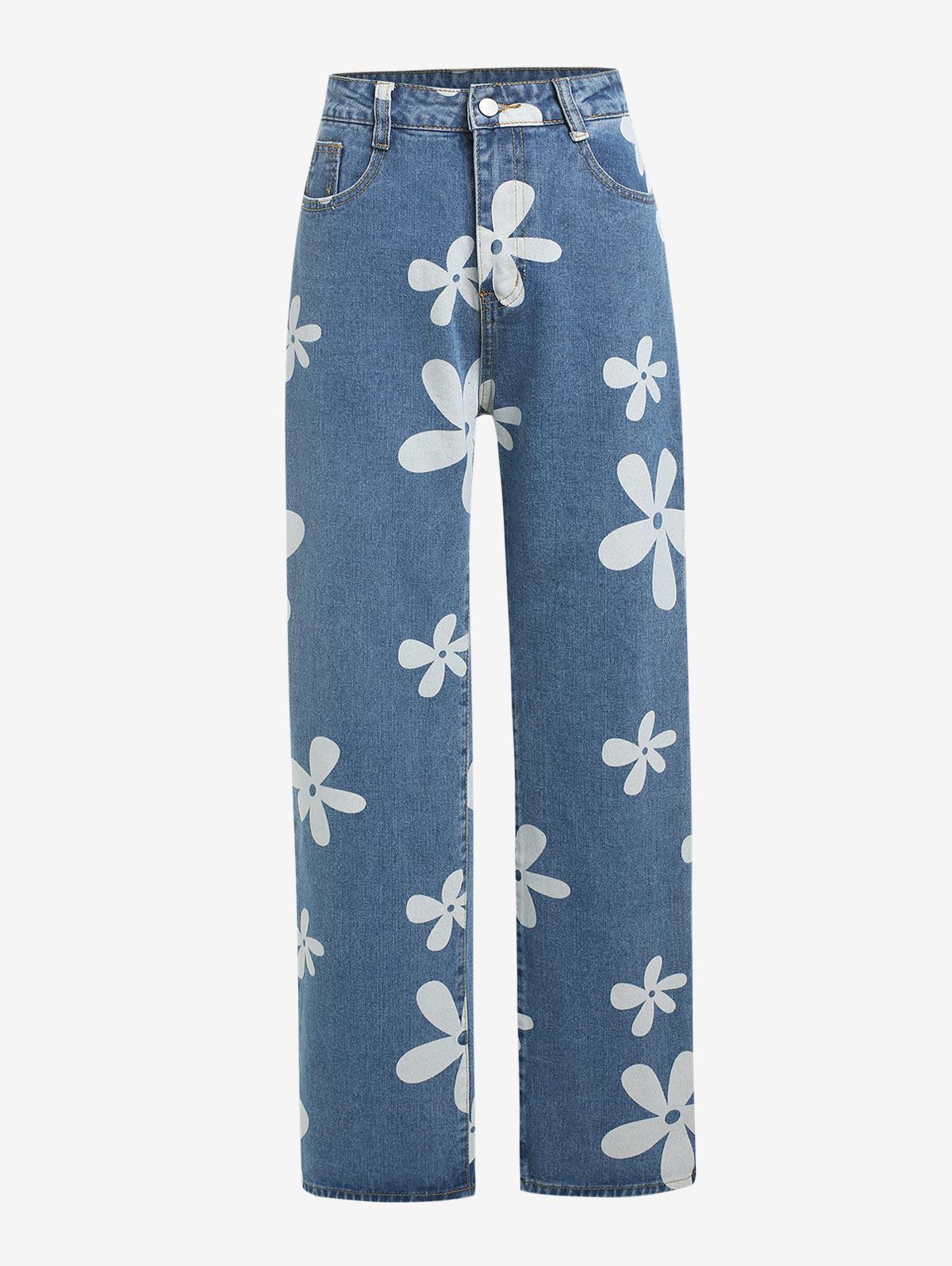 Zaful Flower Print High Waisted baggy Jeans in Blue | Lyst