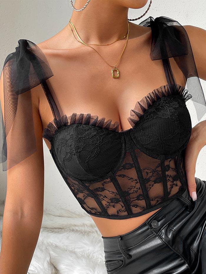 Zaful Sexy Sheer Lace Mesh Tie Shoulder Underwire Lingerie Style Boning  Crop Tank Top in Black | Lyst