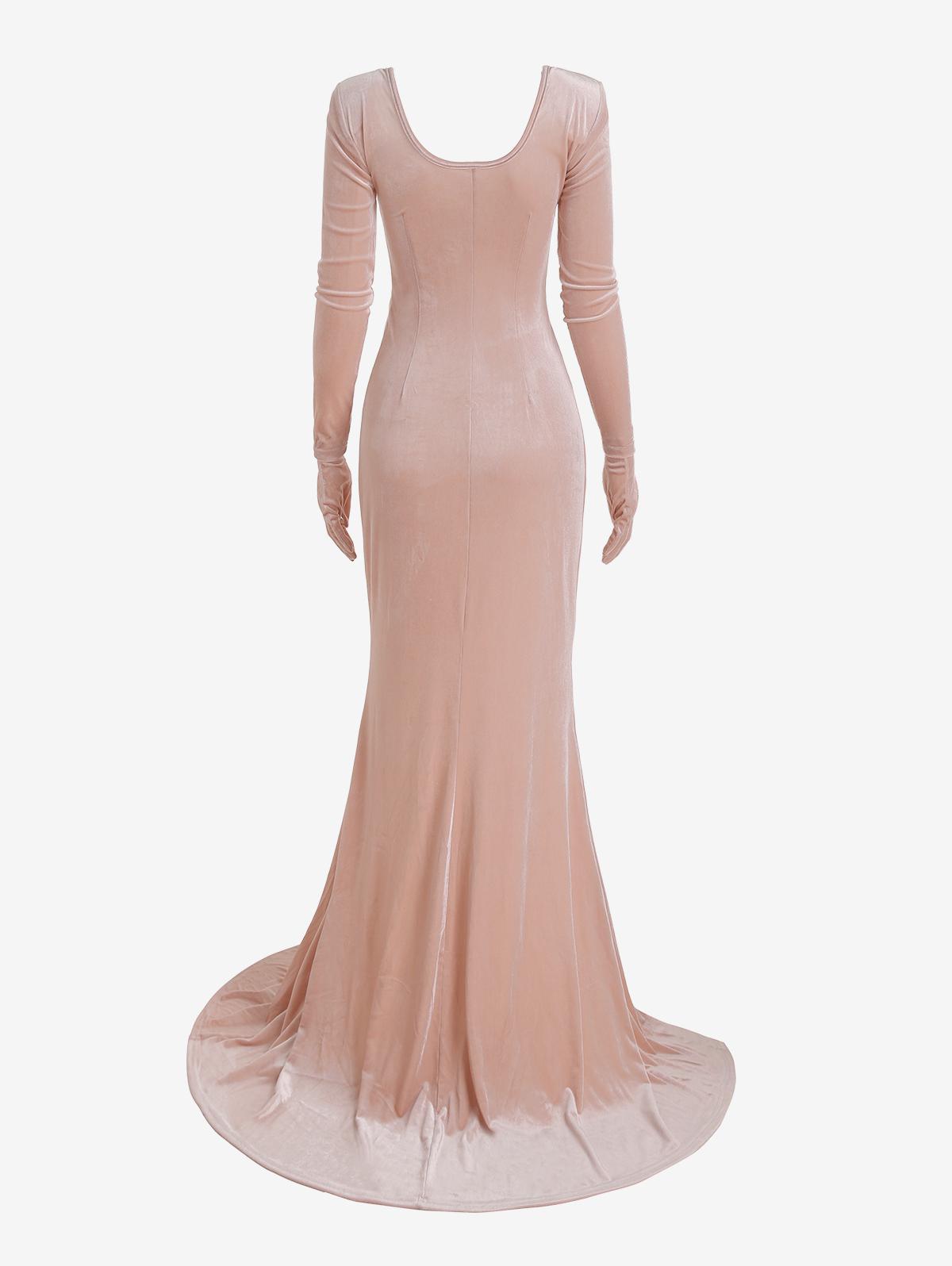 velvet gloves sleeve twisted ruched high slit evening dress