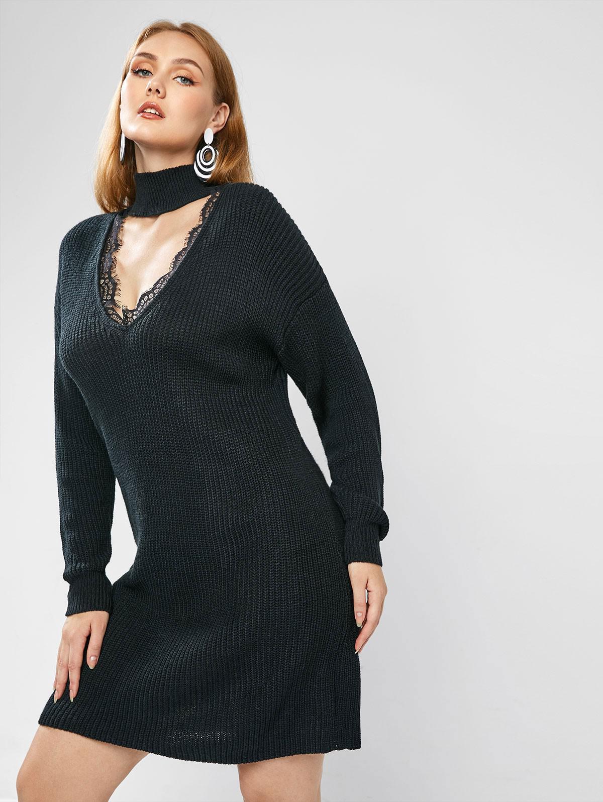 Lace Trim Cutout Choker Sweater Dress 