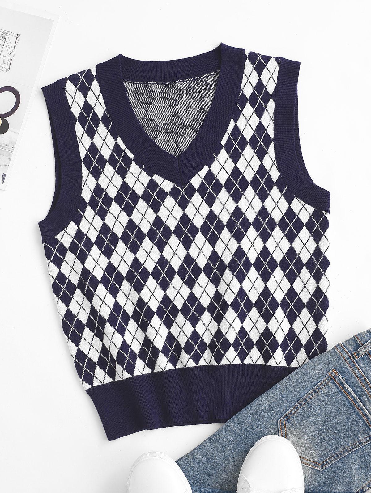 Zaful Synthetic Argyle V Neck Sweater Vest in Deep Blue Womens Clothing Jumpers and knitwear Jumpers Grey 