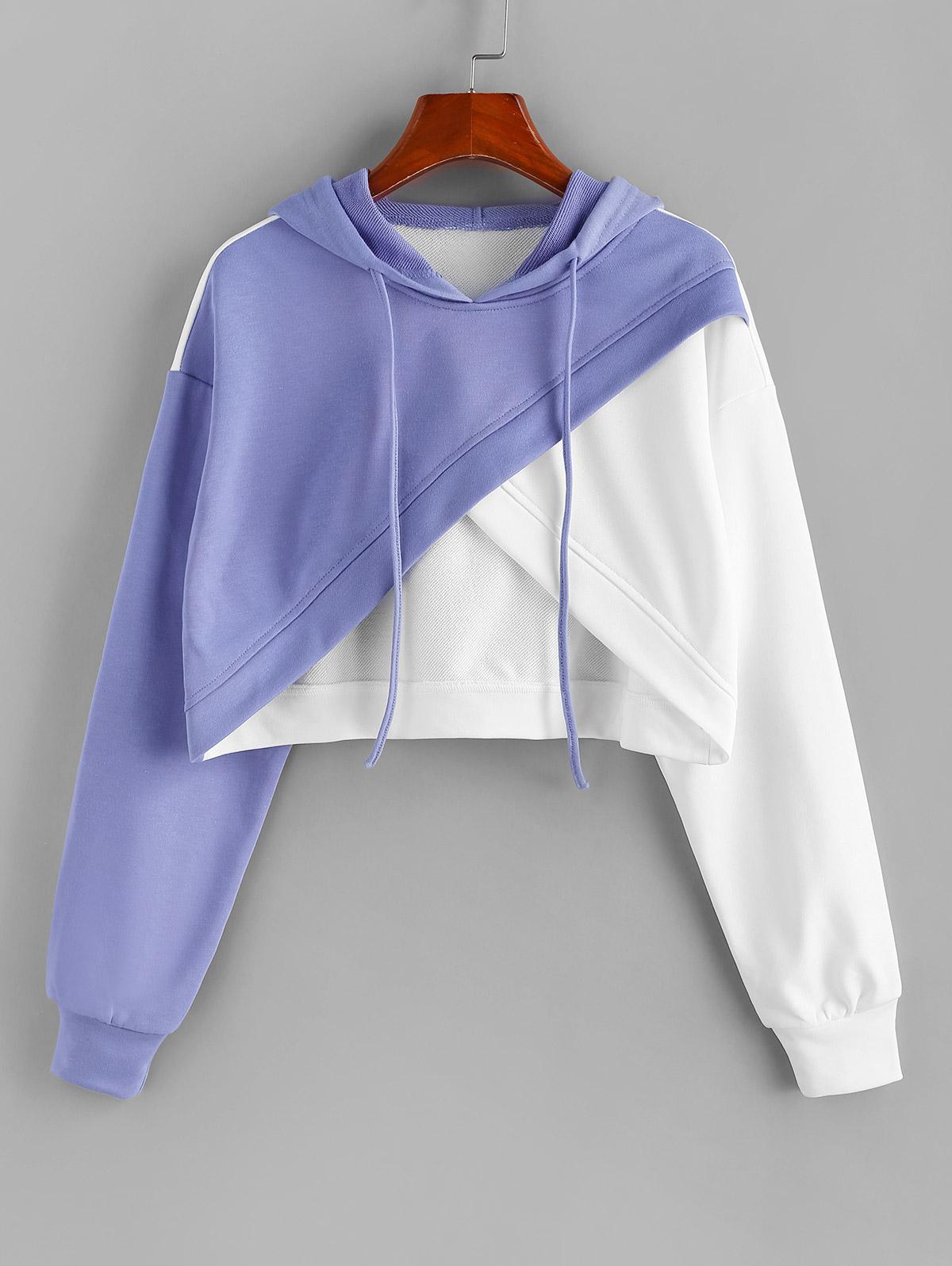 Zaful Hoodies Colorblock Crossover Cropped Hoodie | Lyst