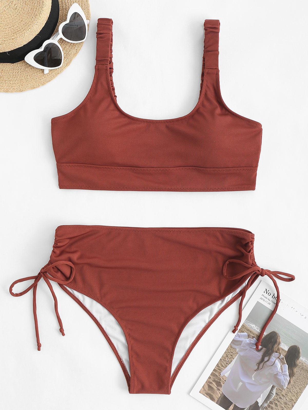 Zaful Bikini Plus Size Ribbed Cinched Tie High Rise Bikini Swimwear Xxxl in  Brown | Lyst